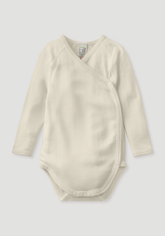 Long-sleeved wrap bodysuit made of organic merino wool with silk