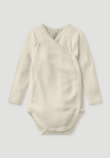 Long-sleeved wrap bodysuit made of organic merino wool with silk