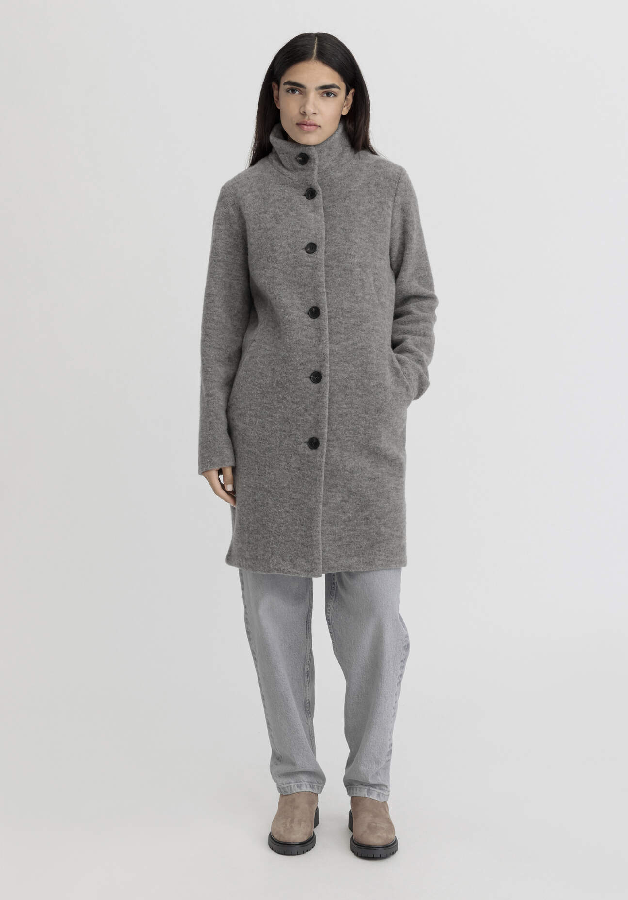 hessnatur Damen Wollfleece Mantel Regular aus Bio-Merinowolle - grau Größe 38