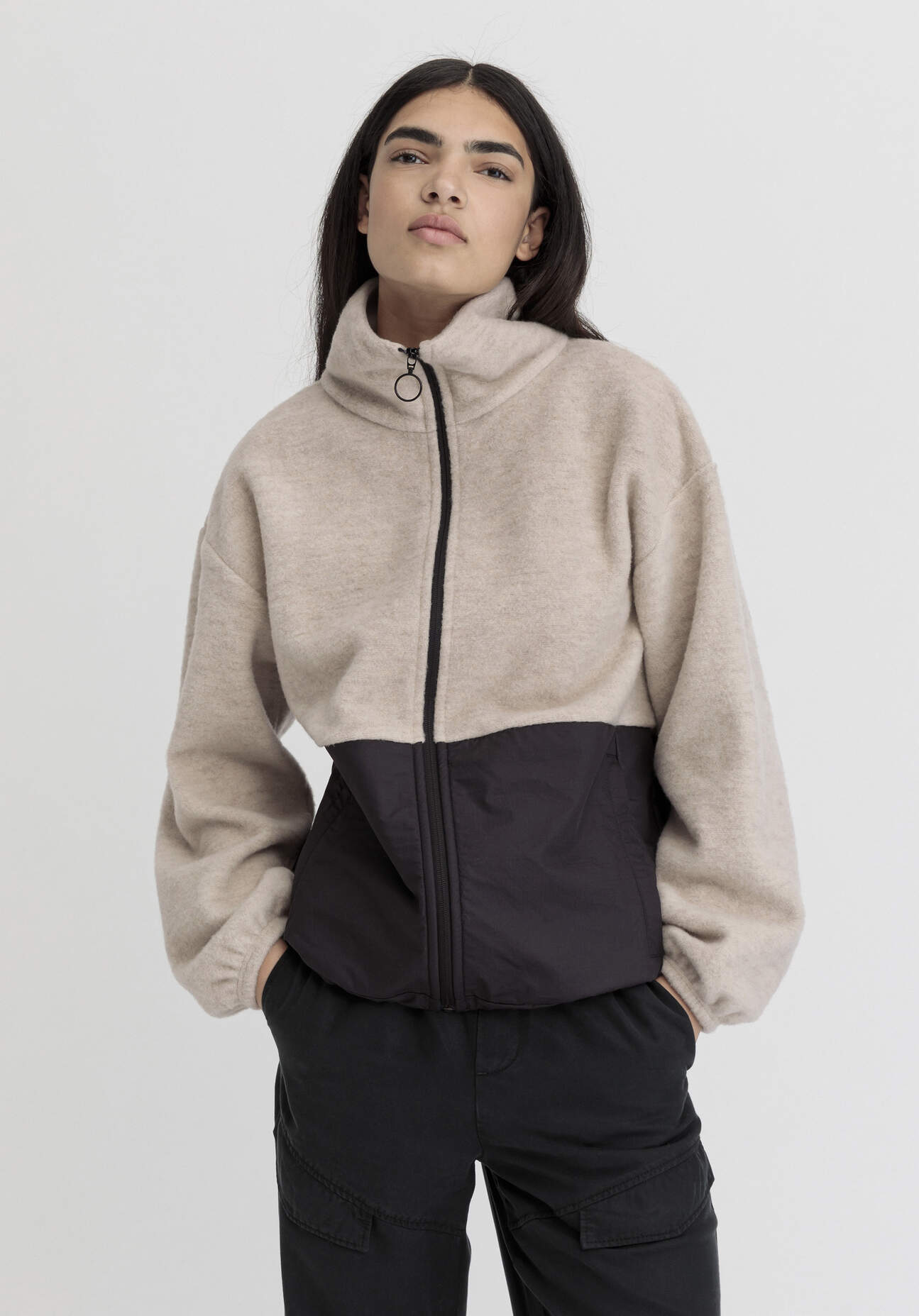hessnatur Damen Wollfleece Jacke Relaxed aus Bio-Merinowolle mit Bio-Baumwolle - beige Größe L