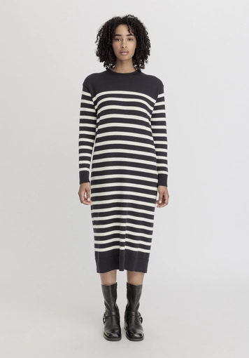 Strickkleid Streifen Midi Relaxed aus reiner Bio-Baumwolle und weicher Schurwolle - 0