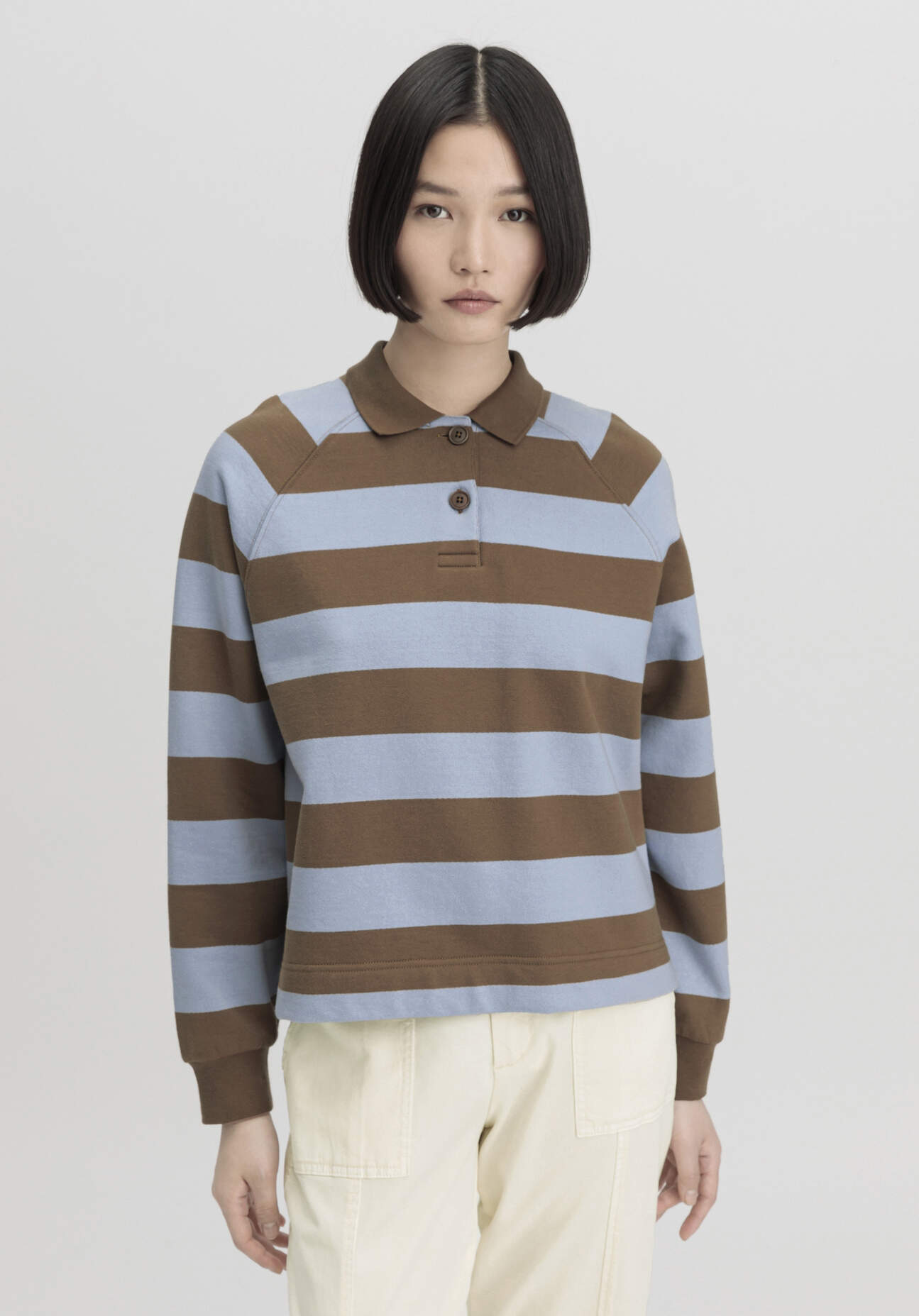 Thumbnail - hessnatur Damen Sweatpolo Streifen Relaxed aus Bio-Baumwolle - braun - Größe XL