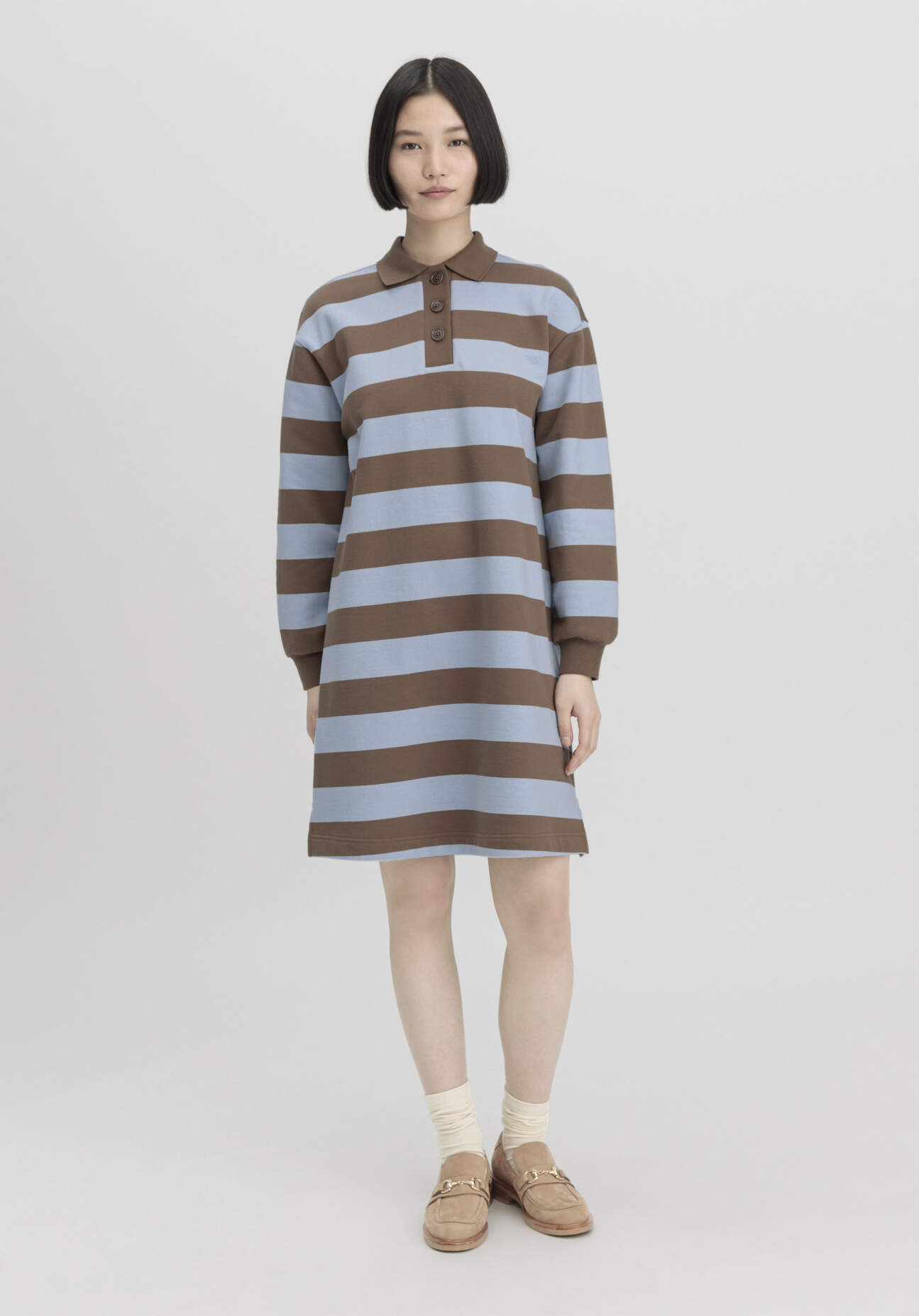 Thumbnail - hessnatur Damen Sweat Kleid Streifen Relaxed aus Bio-Baumwolle - braun - Größe S
