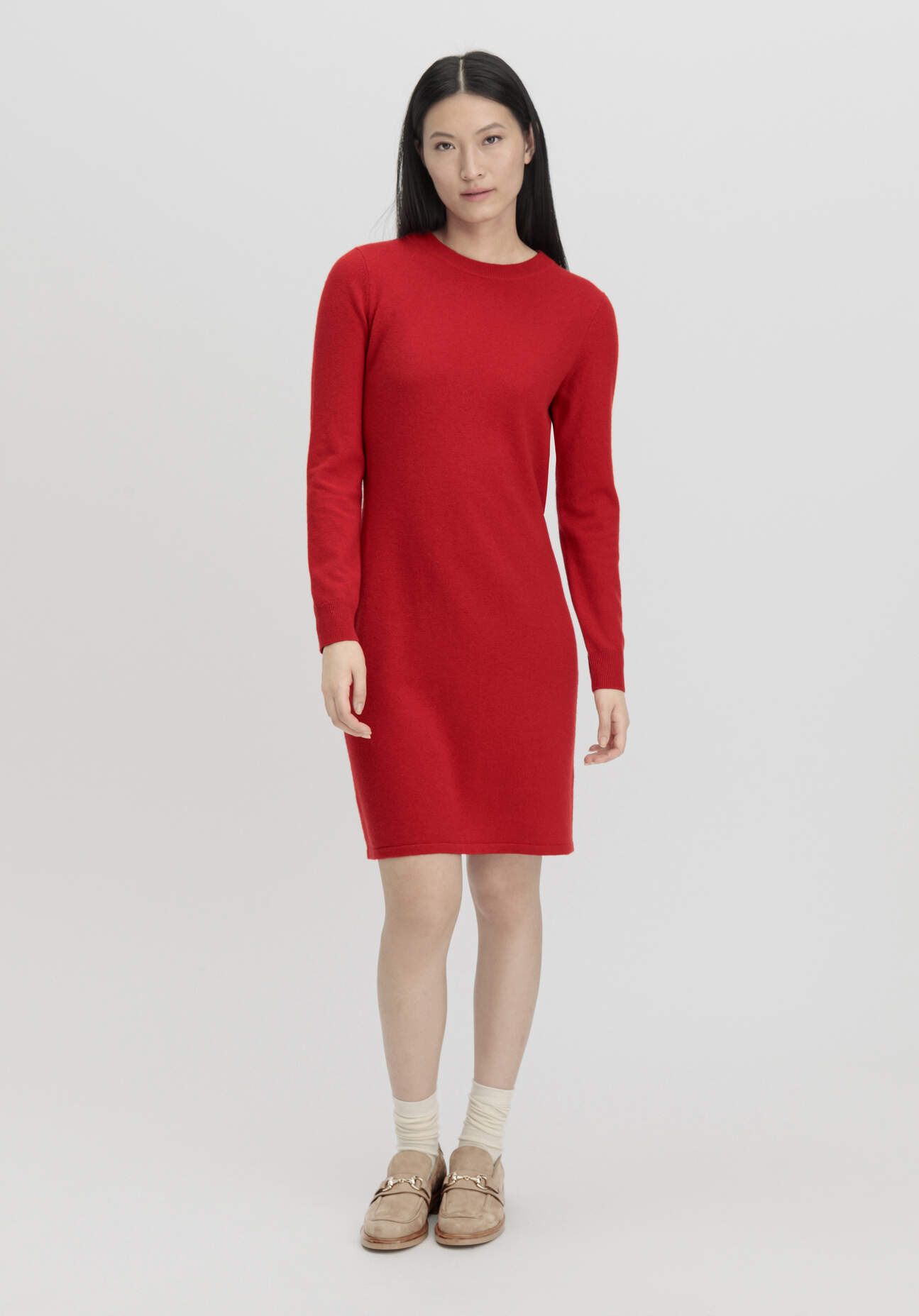 hessnatur Damen Strickkleid Mini Regular aus weicher Schurwolle mit Kaschmir - rot Größe 36