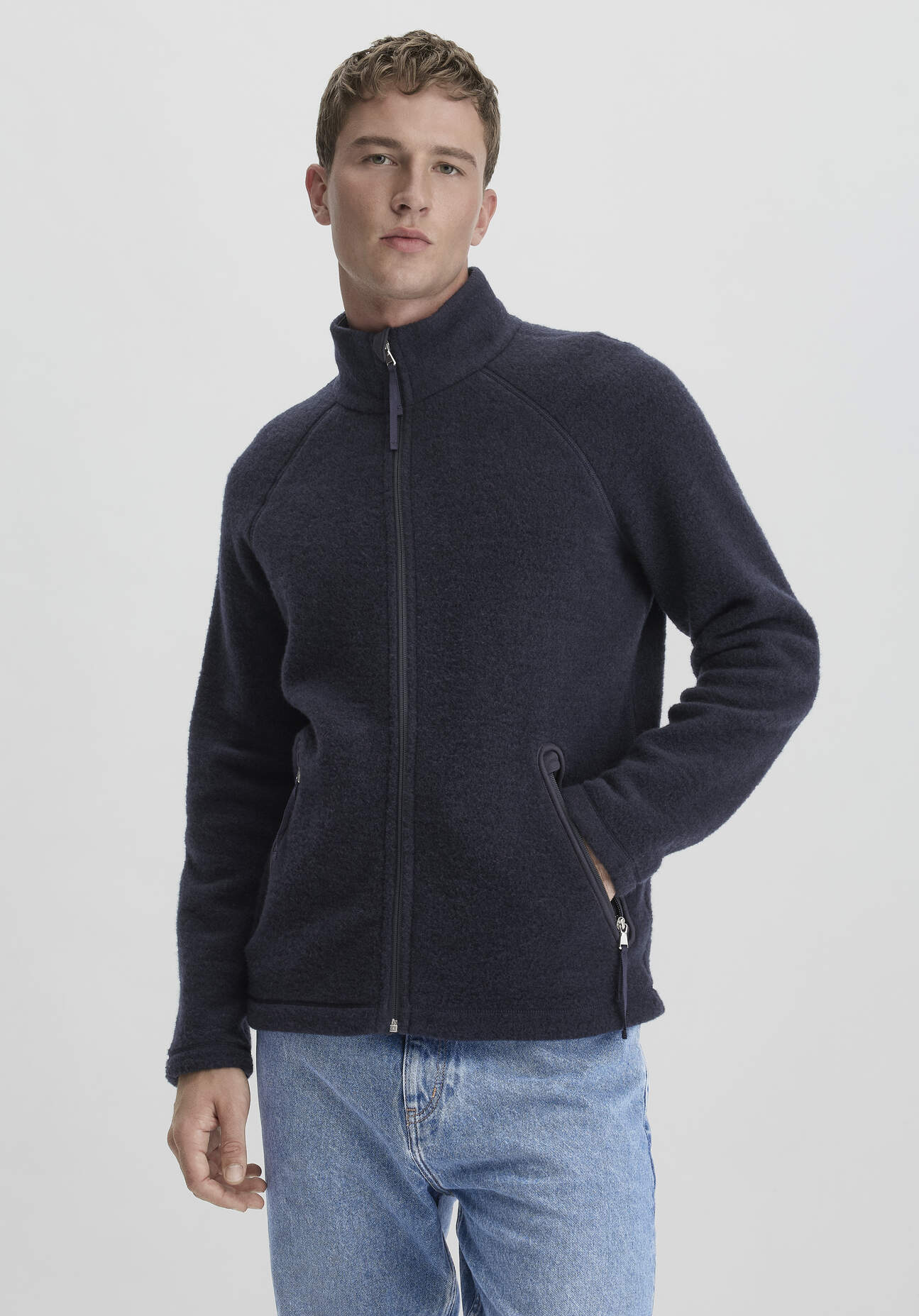 hessnatur Herren Wollfleece Jacke Regular aus Bio-Merinowolle - blau Grösse46