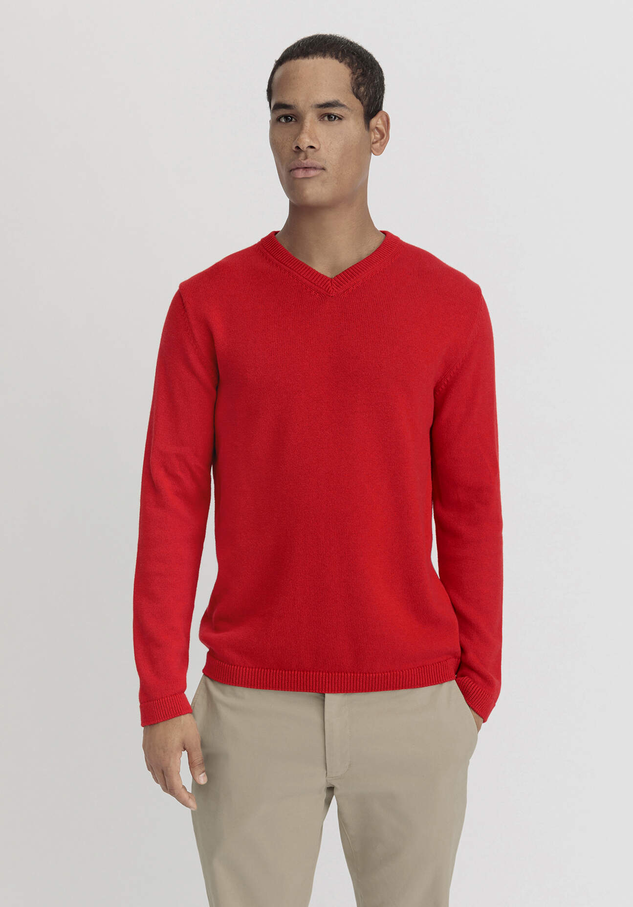 Thumbnail - hessnatur Herren V-Pullover Regular aus Bio-Baumwolle mit Bio-Merinowolle - rot - Größe 46
