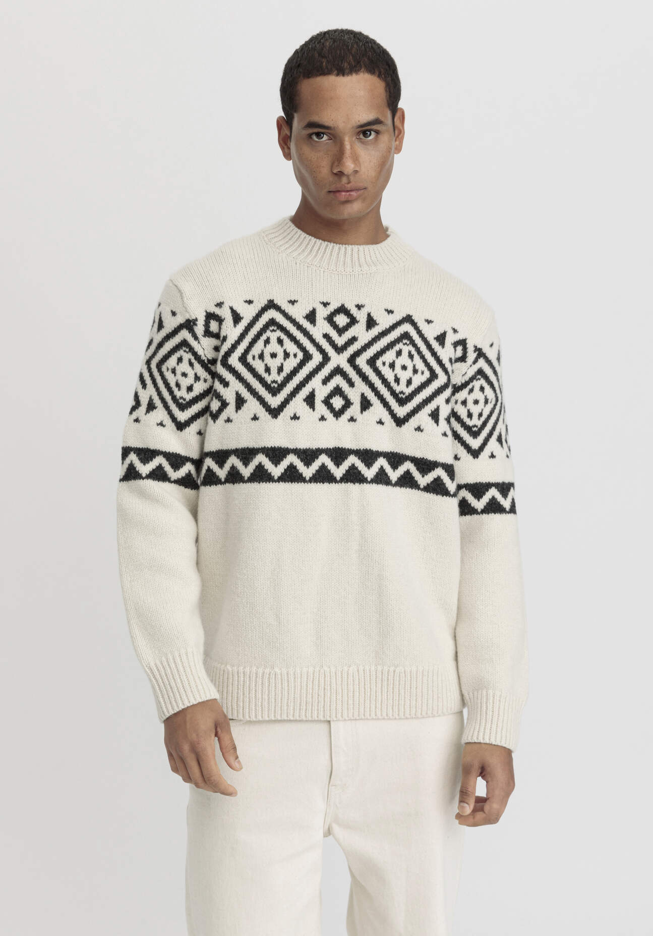 hessnatur Herren Pullover Jacquard aus Schurwolle - natur - Größe 48