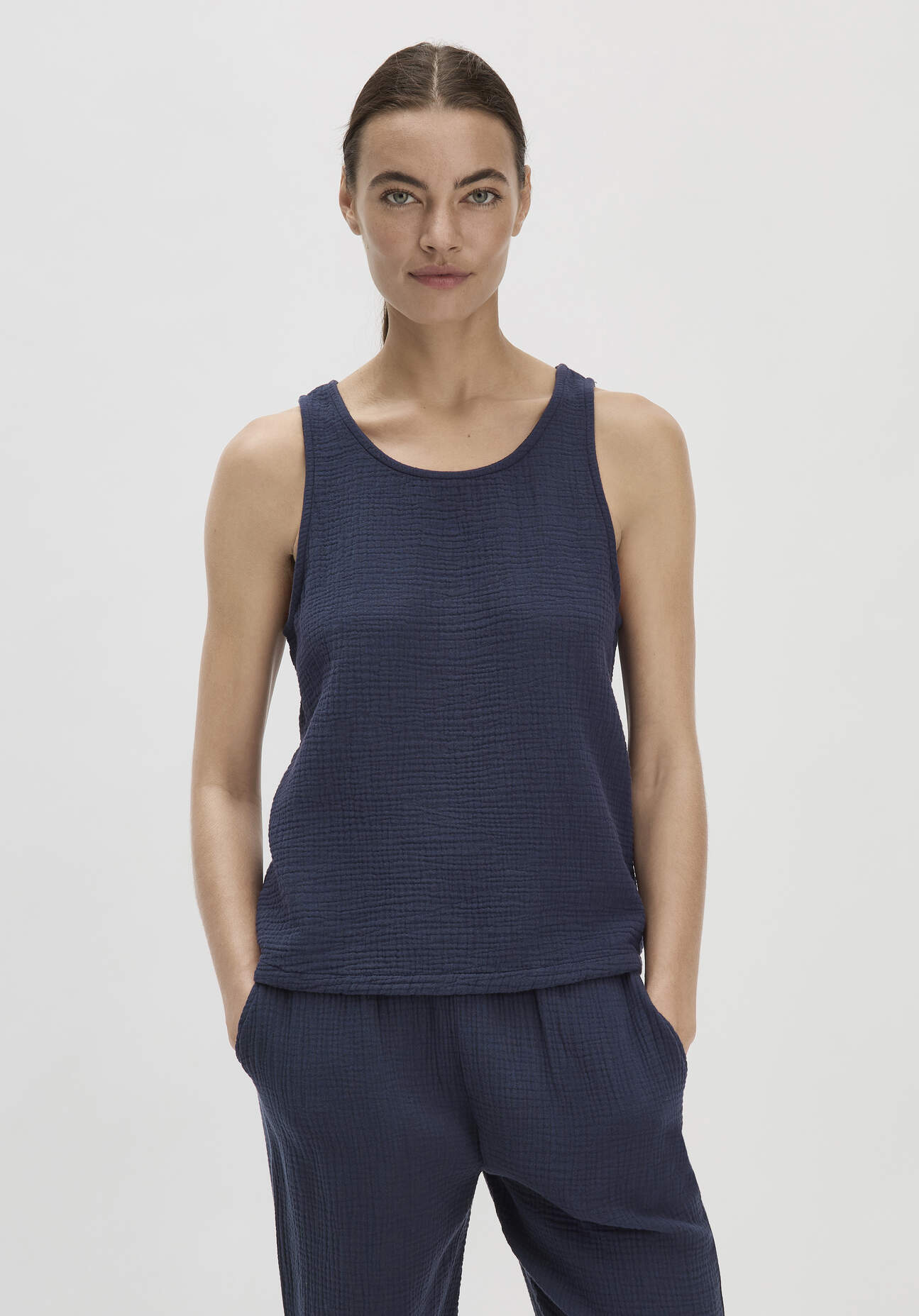hessnatur Damen Musselin Top PURE COMFORT aus Bio-Baumwolle - blau Größe 40