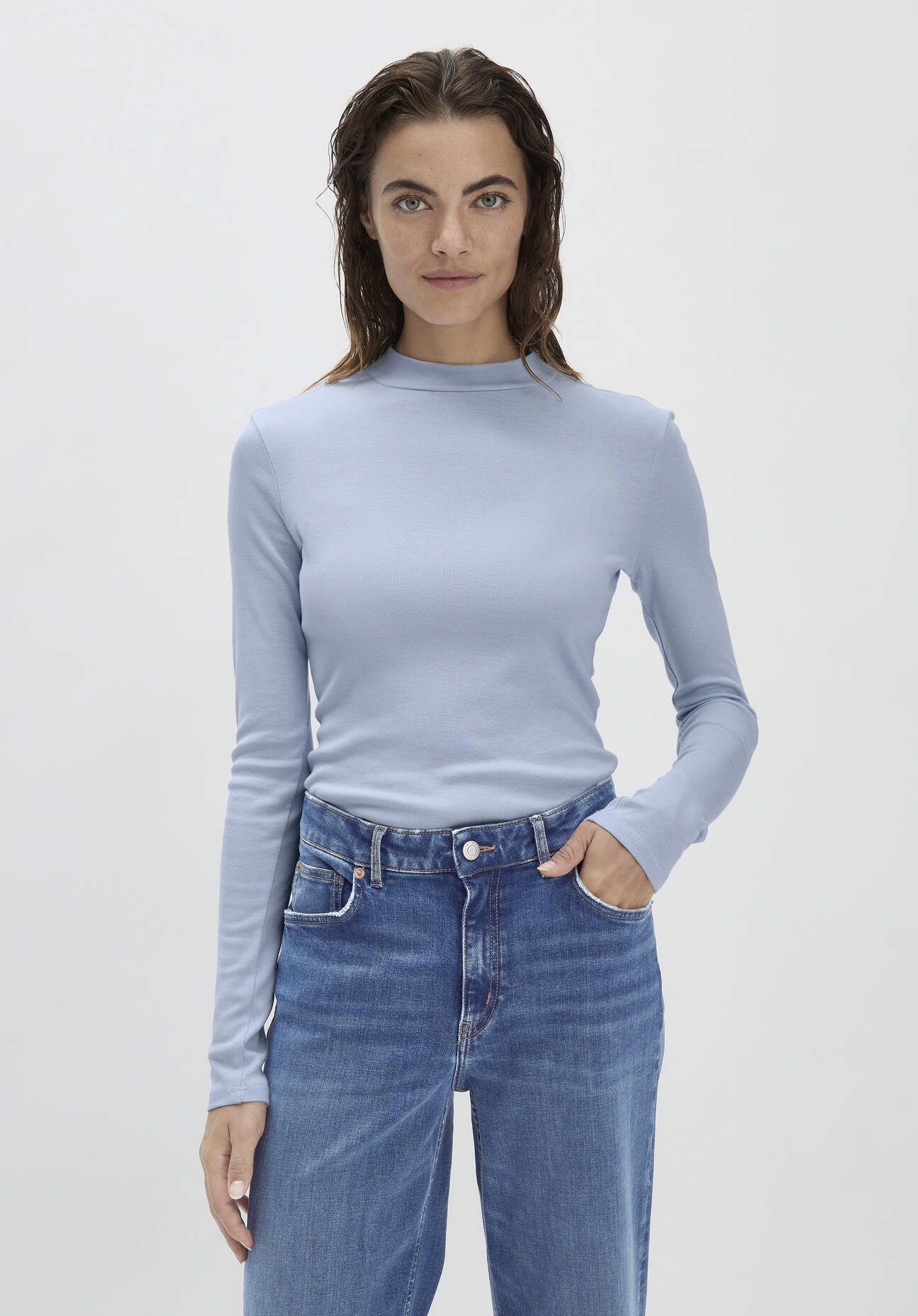 Thumbnail - hessnatur Damen Softrib Langarmshirt Slim aus Bio-Baumwolle und TENCEL™ Modal - blau - Größe 36