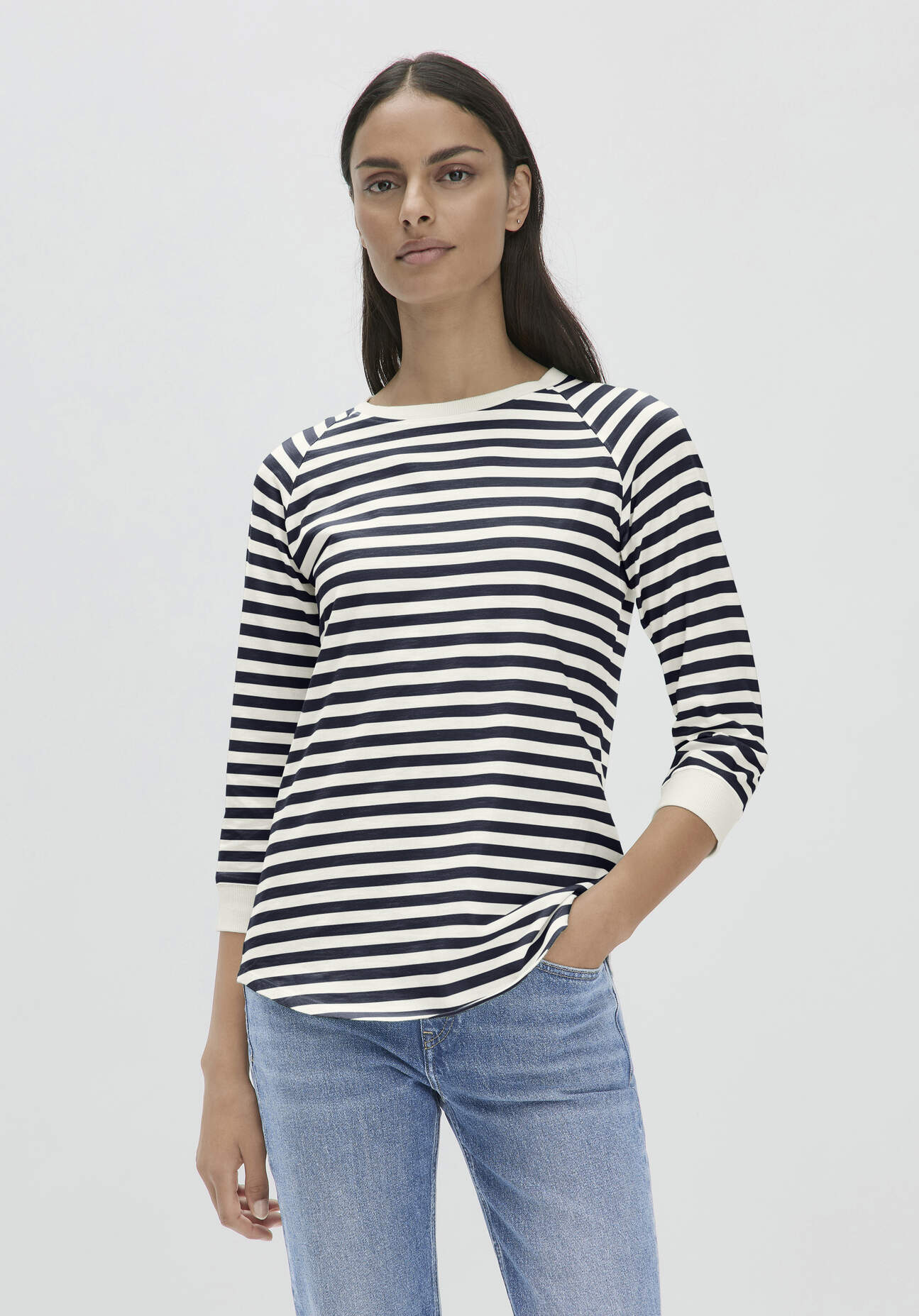 hessnatur Damen Streifen Jersey Slub Longsleeve Relaxed aus Bio-Baumwolle - blau Größe 34