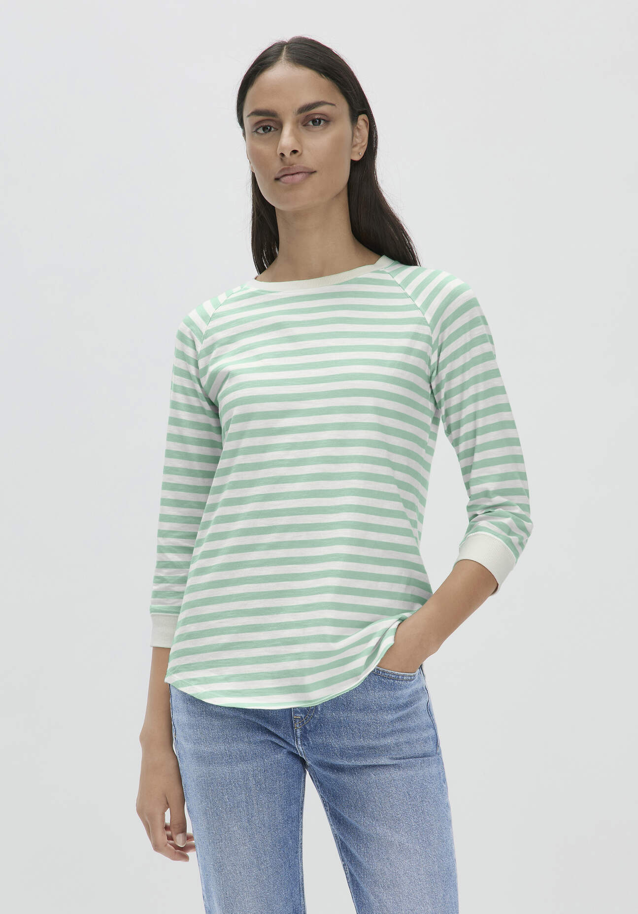 hessnatur Damen Streifen Jersey Slub Longsleeve Relaxed aus Bio-Baumwolle - grün Grösse40