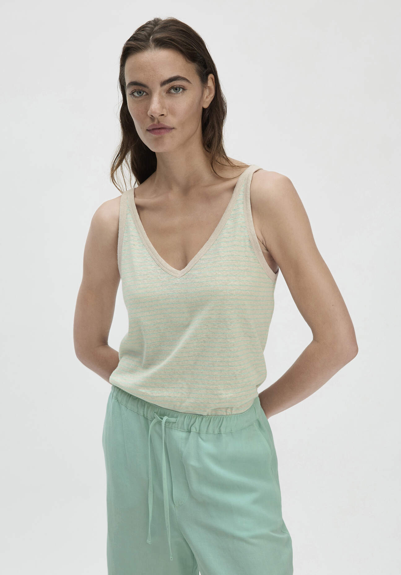 Thumbnail - hessnatur Damen Streifen Jersey Top Regular aus Leinen und Bio-Baumwolle - beige - Größe 34
