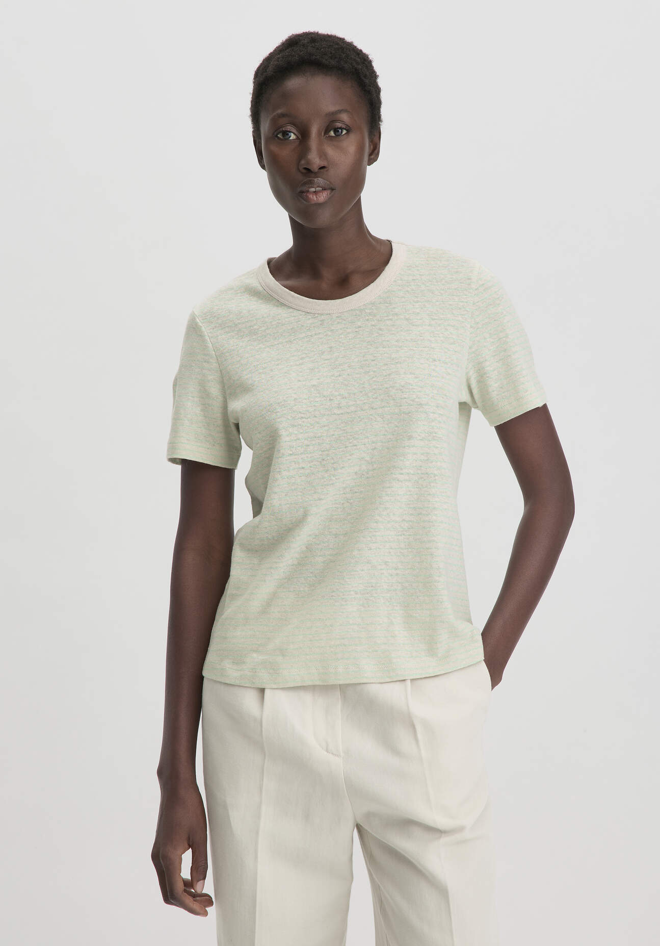 Thumbnail - hessnatur Damen Streifen T-Shirt Relaxed aus Leinen mit reiner Bio-Baumwolle - beige - Größe 48