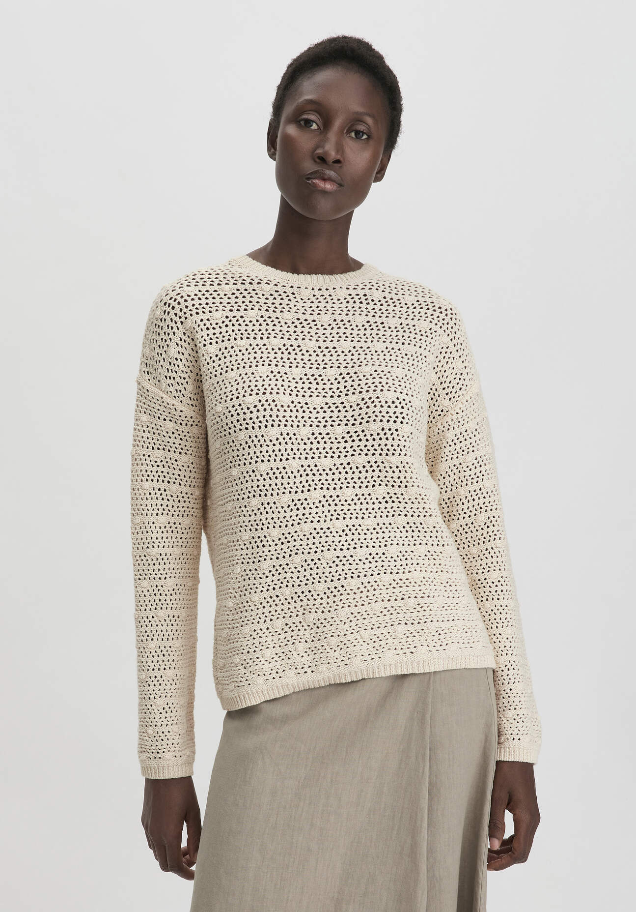 Thumbnail - hessnatur Damen Ajour Strick Pullover Relaxed aus Bio-Baumwolle - beige - Größe XS