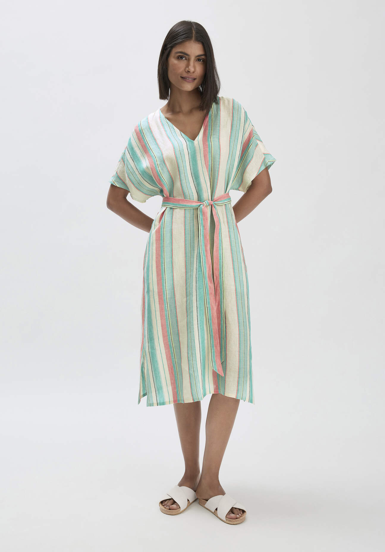 Thumbnail - hessnatur Damen Streifen Kleid Midi Relaxed aus Leinen - grün - Größe 38
