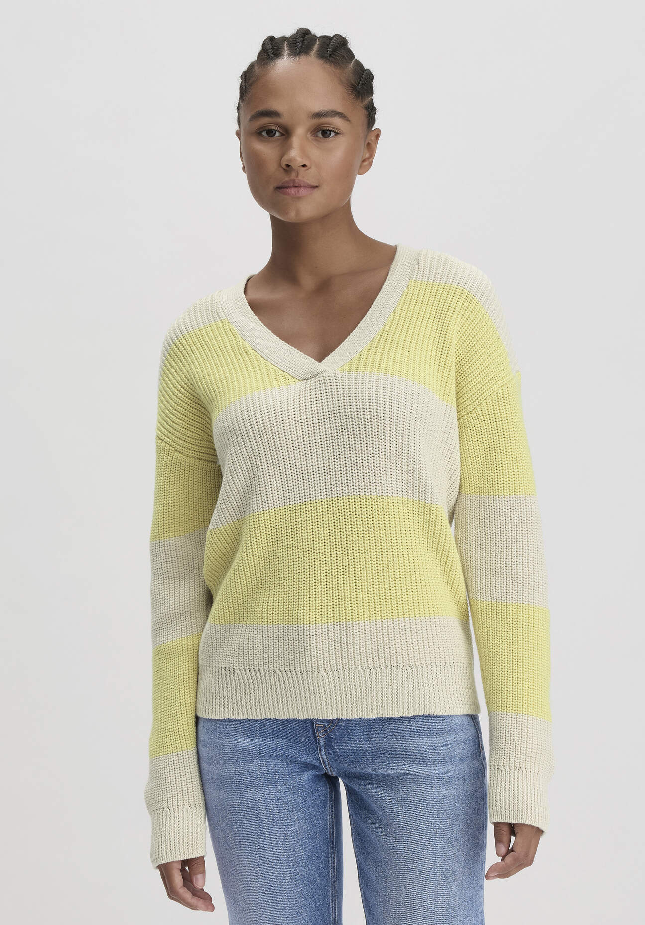 Thumbnail - hessnatur Damen Streifen Strick Pullover Relaxed aus Bio-Baumwolle - gelb - Größe S