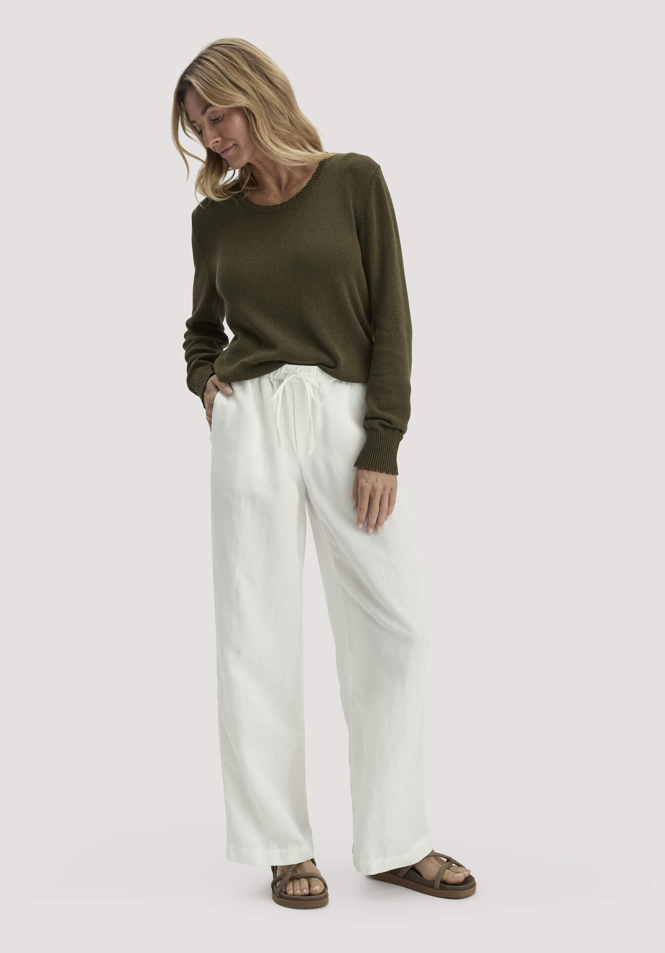 hessnatur Damen Hose Wide Leg aus TENCEL™ Lyocell mit Leinen - weiß Grösse34