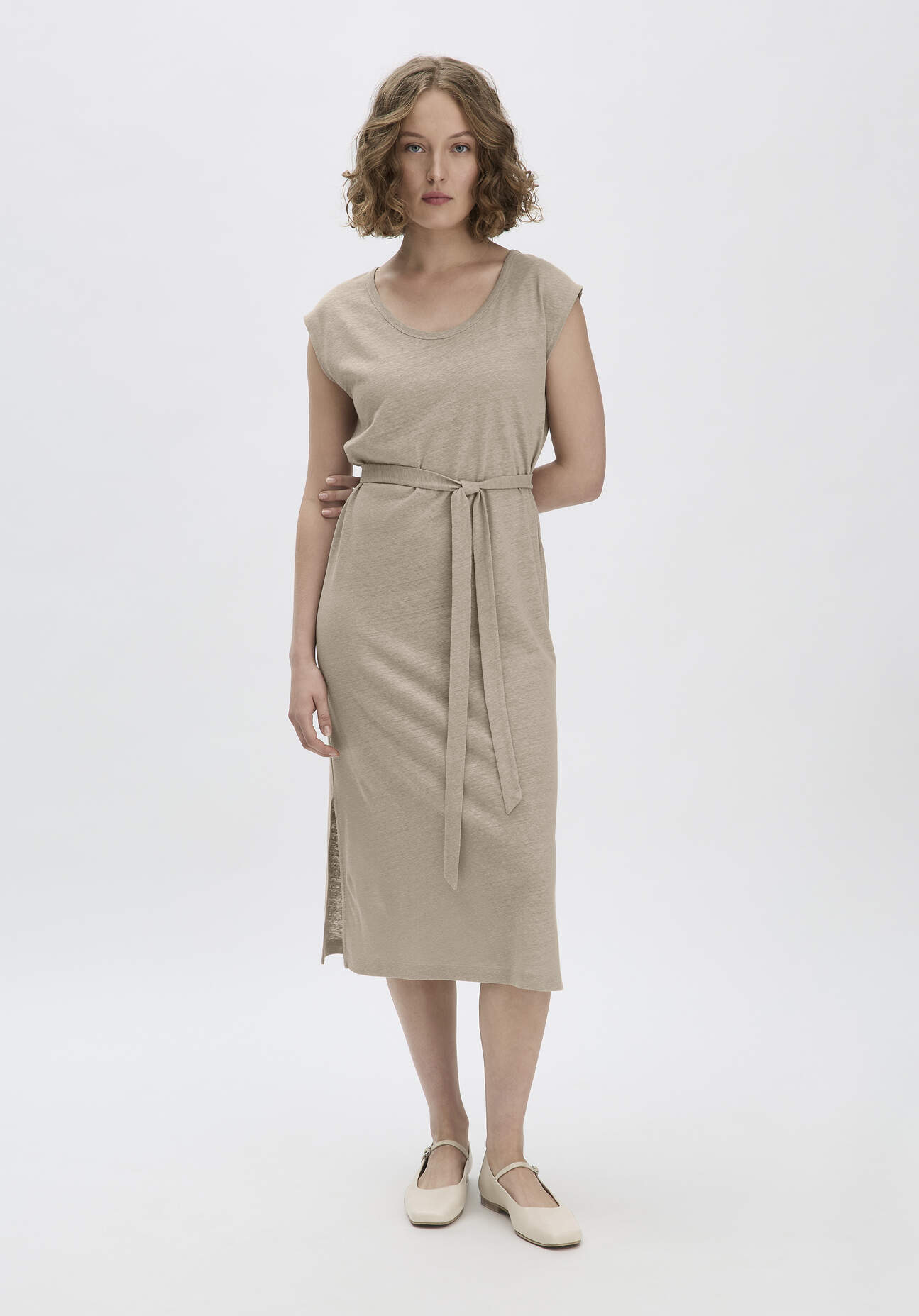 Thumbnail - hessnatur Damen Jersey Kleid Midi Relaxed aus Leinen und Bio-Baumwolle - beige - Größe 44