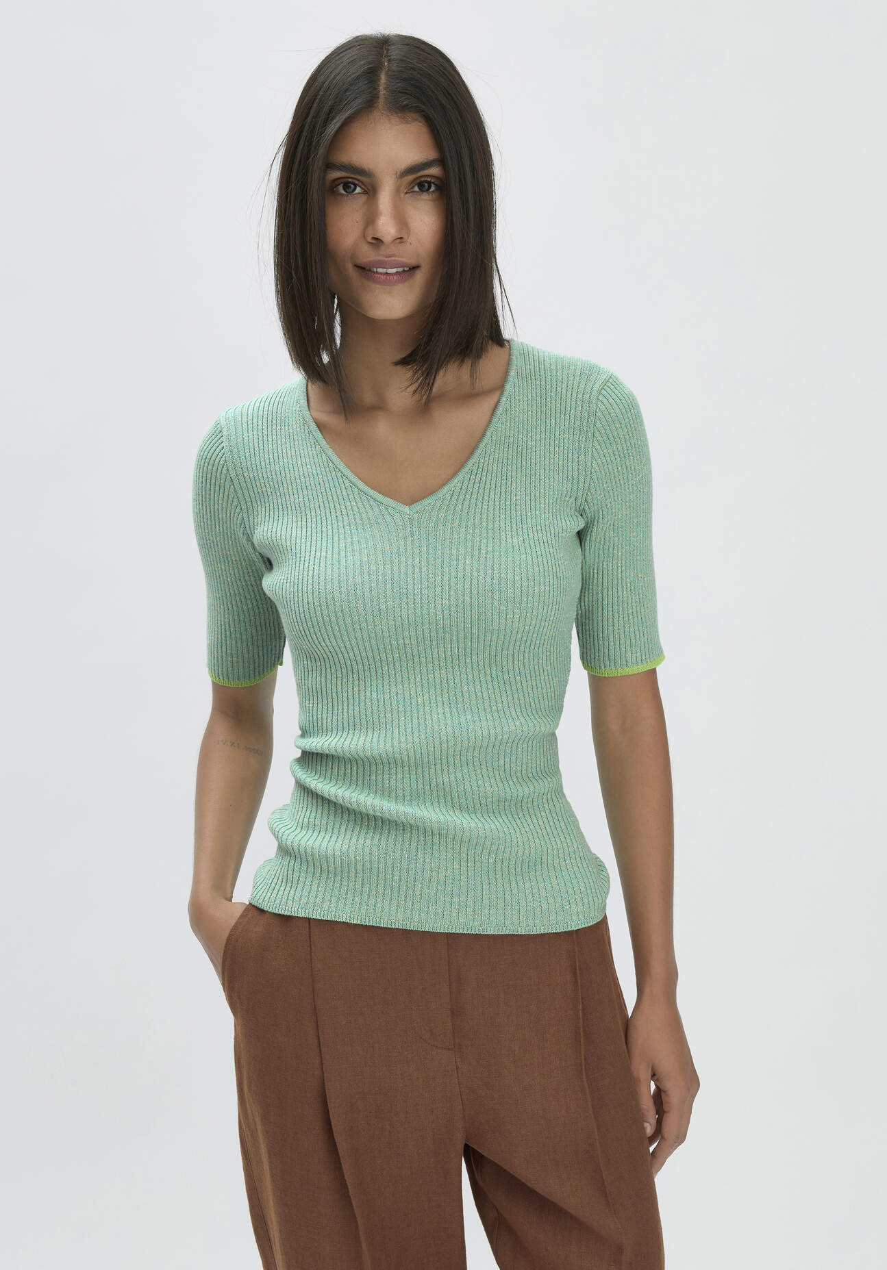 Thumbnail - hessnatur Damen Mouliné Strick Pullover Fitted aus Bio-Baumwolle - grün - Größe 42