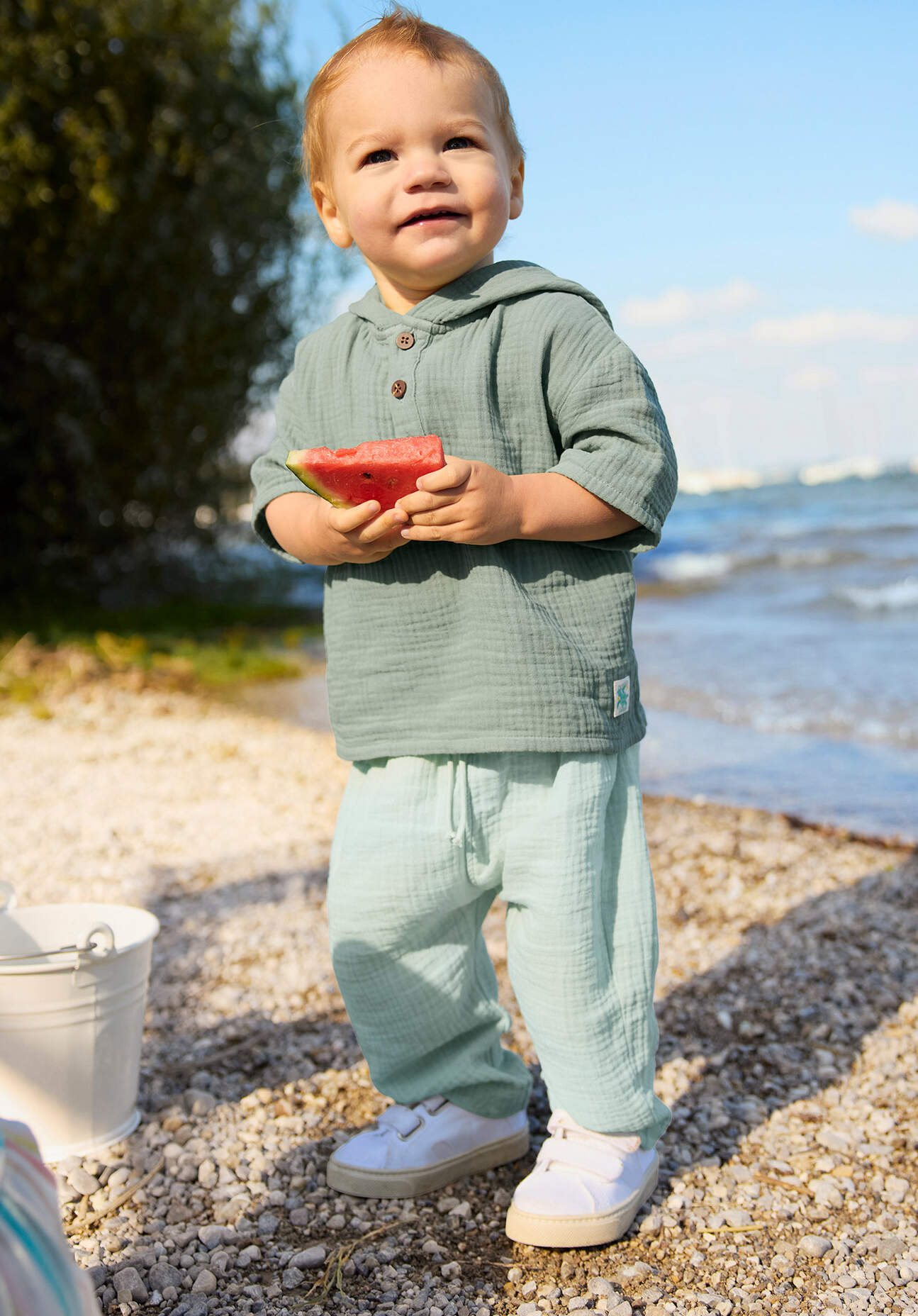 hessnatur Baby Musselin Hose Regular aus Bio-Baumwolle - grün Größe 62/68