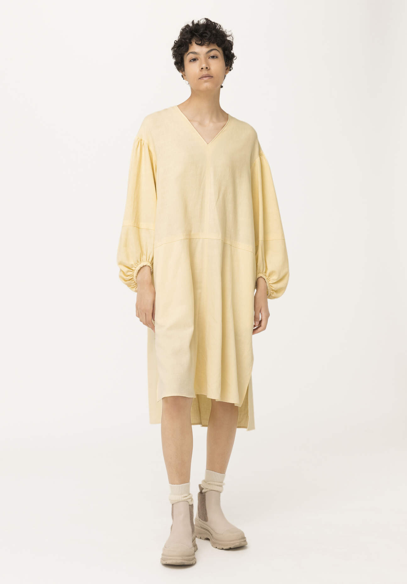 Thumbnail - hessnatur Damen Kleid aus Bio-Baumwolle mit Leinen - gelb - Größe S