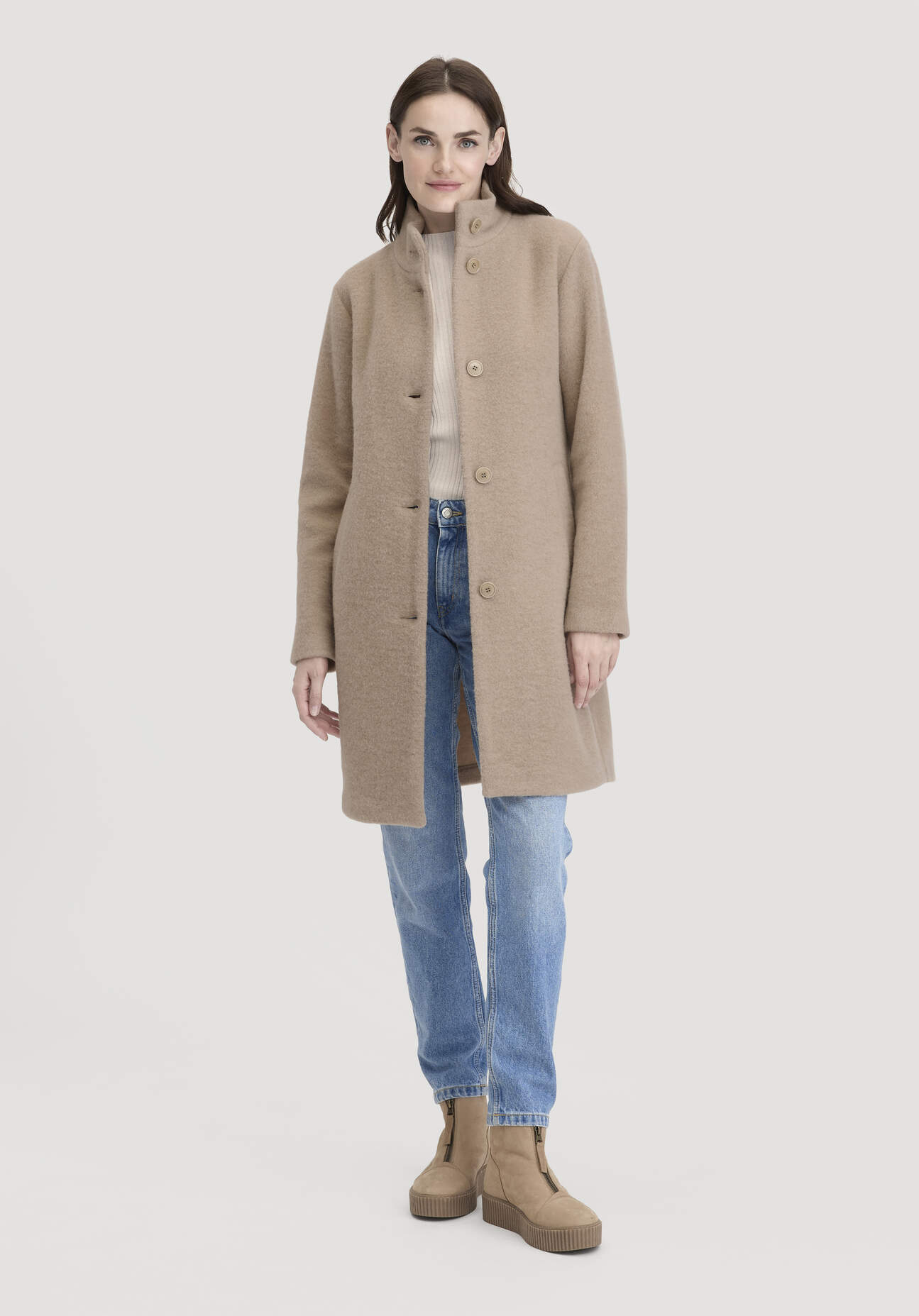 hessnatur Damen Wollfleece Mantel Regular aus Bio-Merinowolle - beige Größe 48