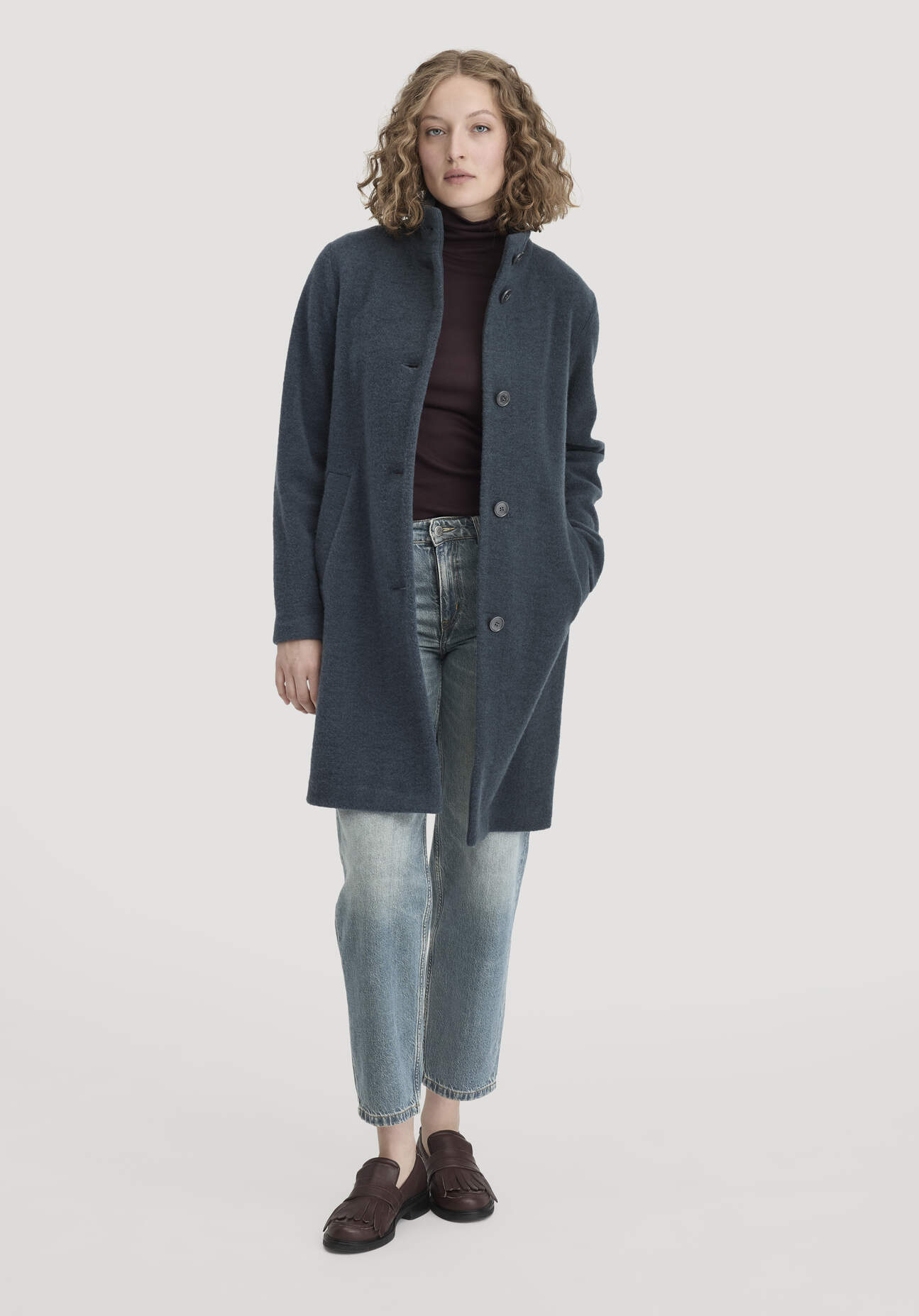 hessnatur Damen Wollfleece Mantel Regular aus Bio-Merinowolle - blau Größe 42