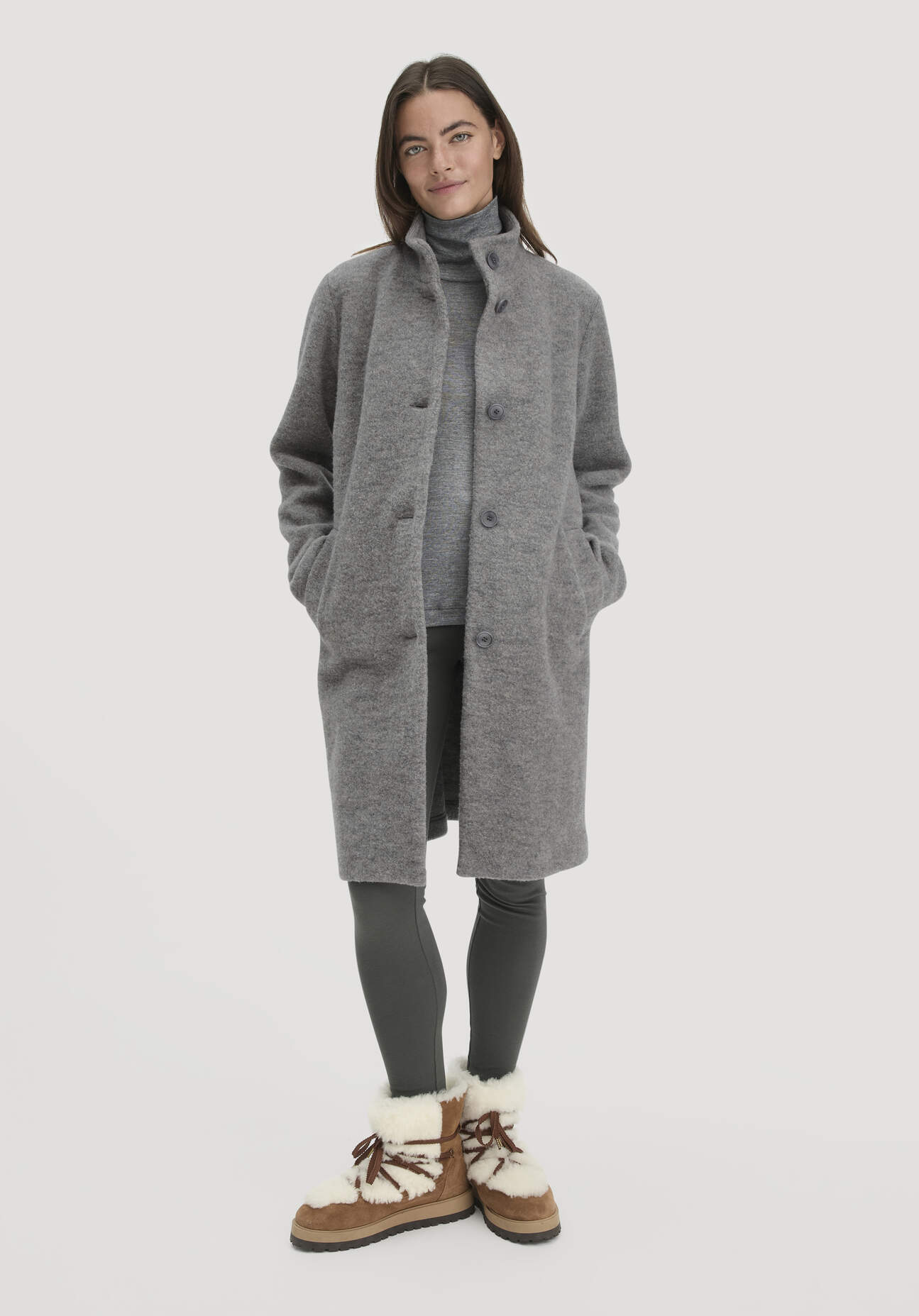 hessnatur Damen Wollfleece Mantel Regular aus Bio-Merinowolle - grau Größe 48