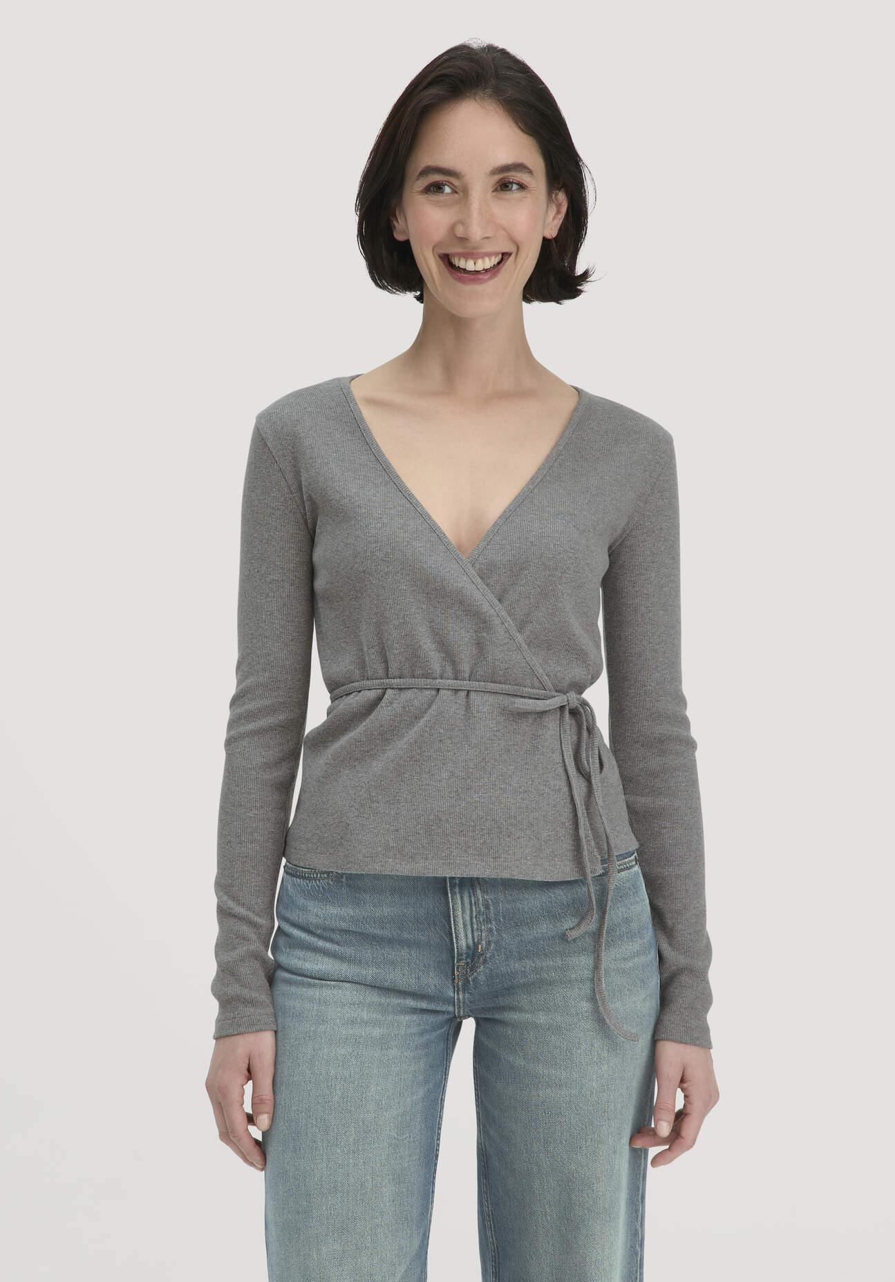 hessnatur Damen Rib Longsleeve Slim aus Bio-Baumwolle - grau Größe 38