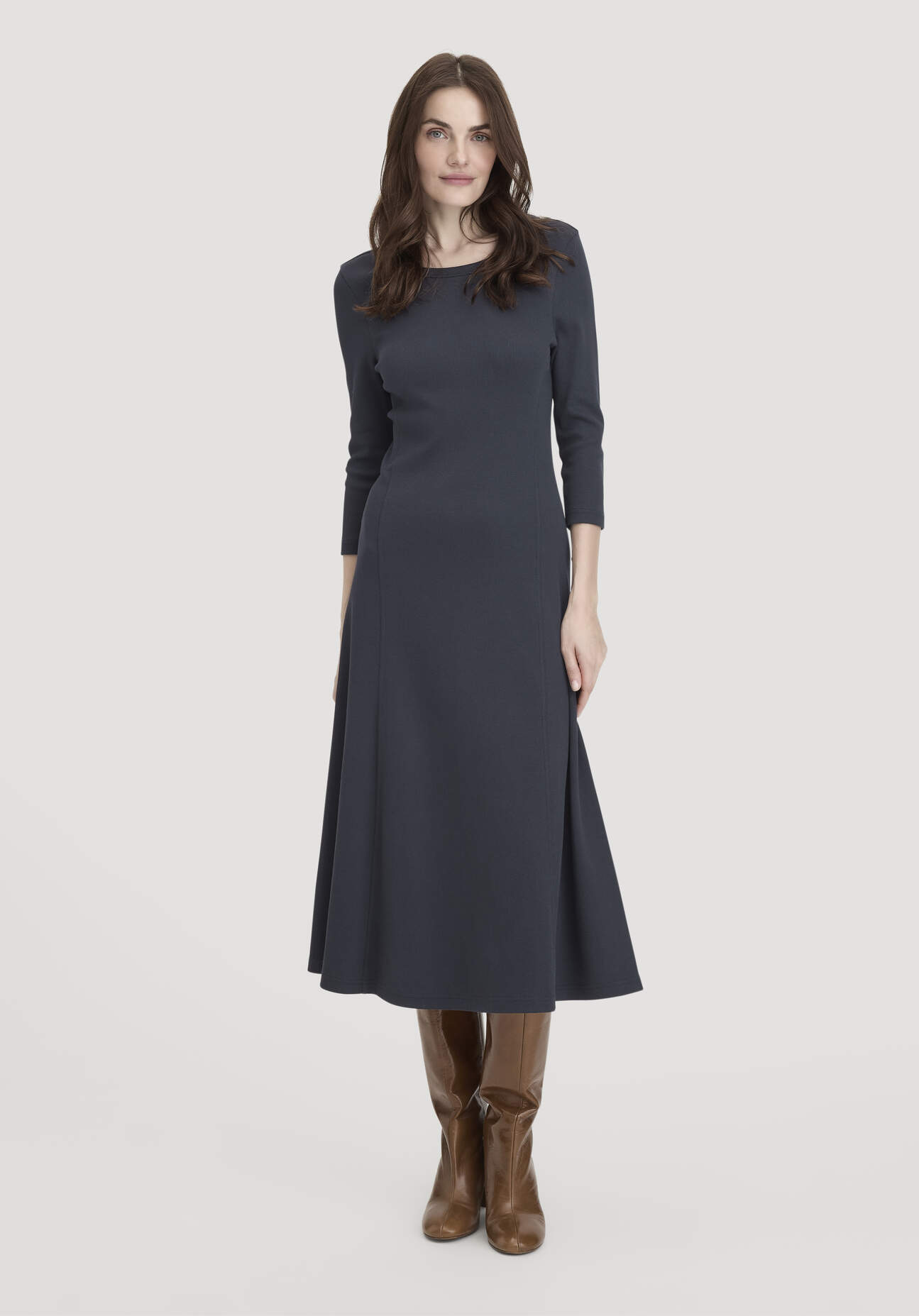 hessnatur Damen Rib Kleid Midi Slim aus Bio-Baumwolle - blau Größe 38