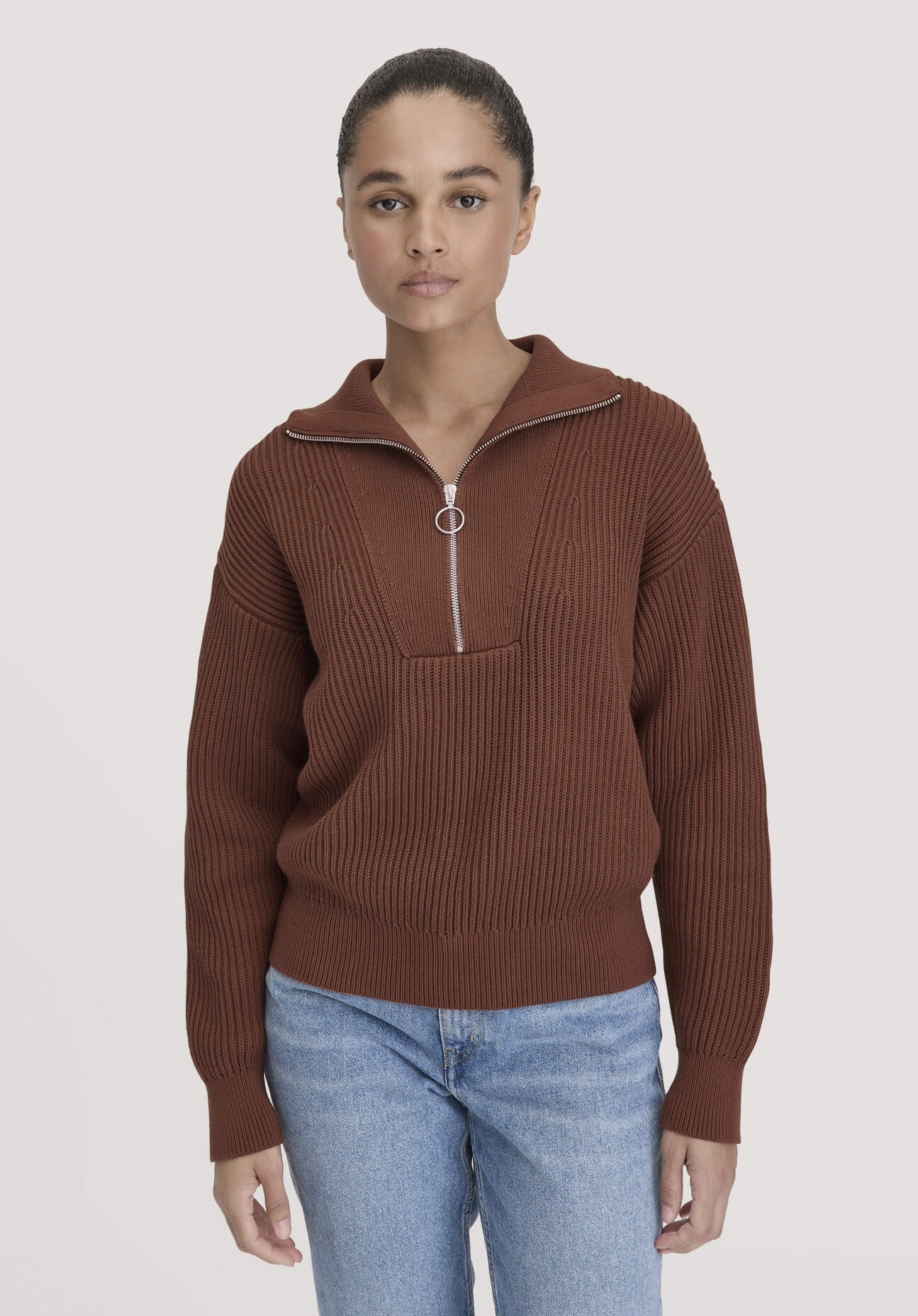 Thumbnail - hessnatur Damen Strick Troyer Relaxed aus Bio-Baumwolle - braun - Größe XXL