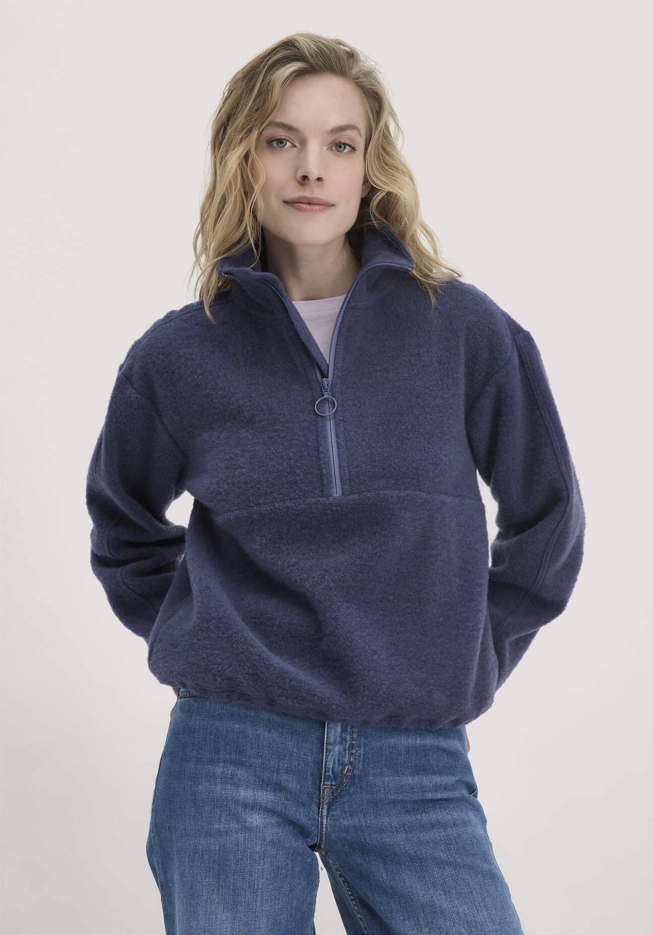 Thumbnail - hessnatur Damen Wollfleece Troyer Relaxed aus Bio-Merinowolle mit Bio-Baumwolle - blau - Größe XL