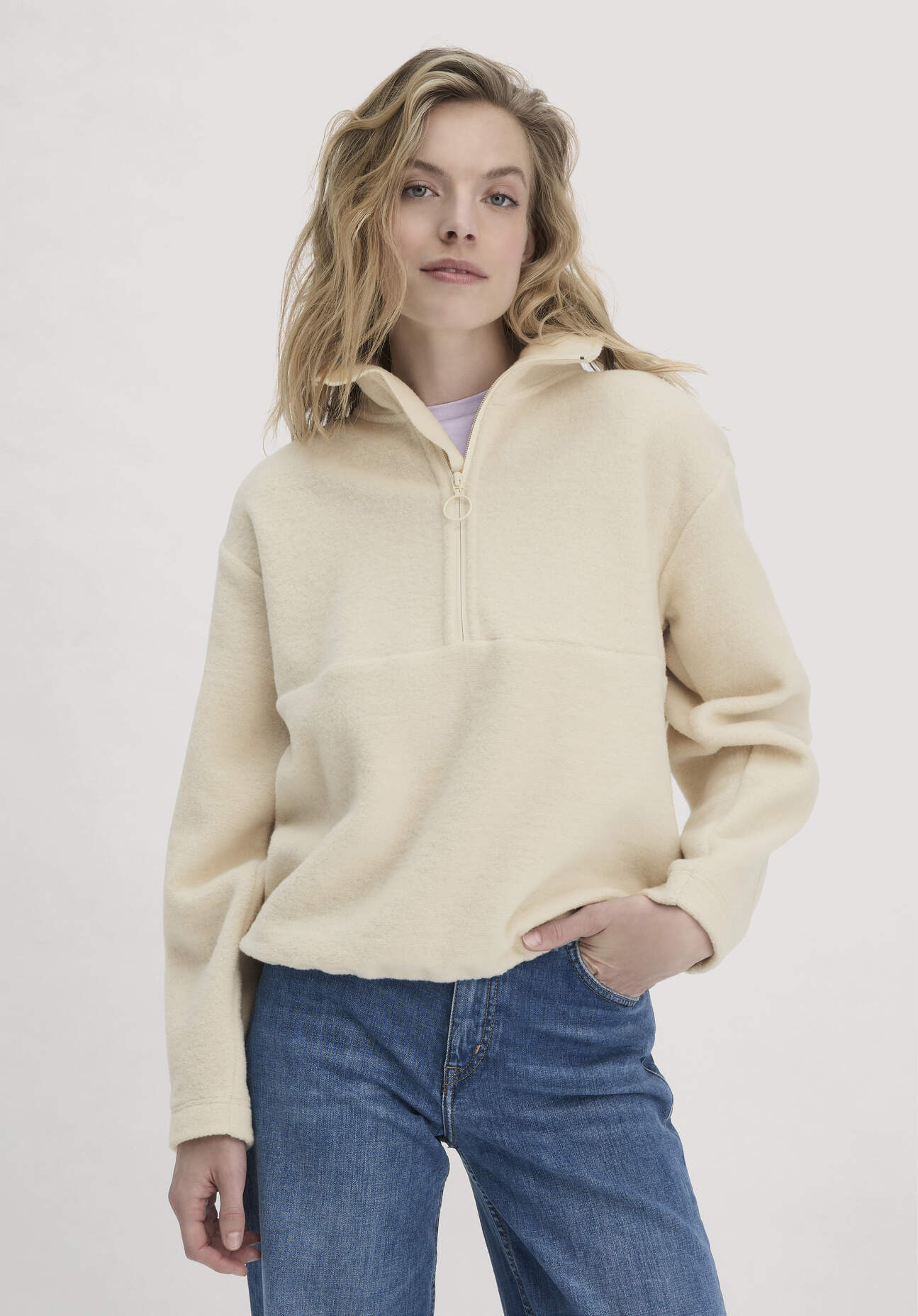 Thumbnail - hessnatur Damen Wollfleece Troyer Relaxed aus Bio-Merinowolle mit Bio-Baumwolle - beige - Größe XL