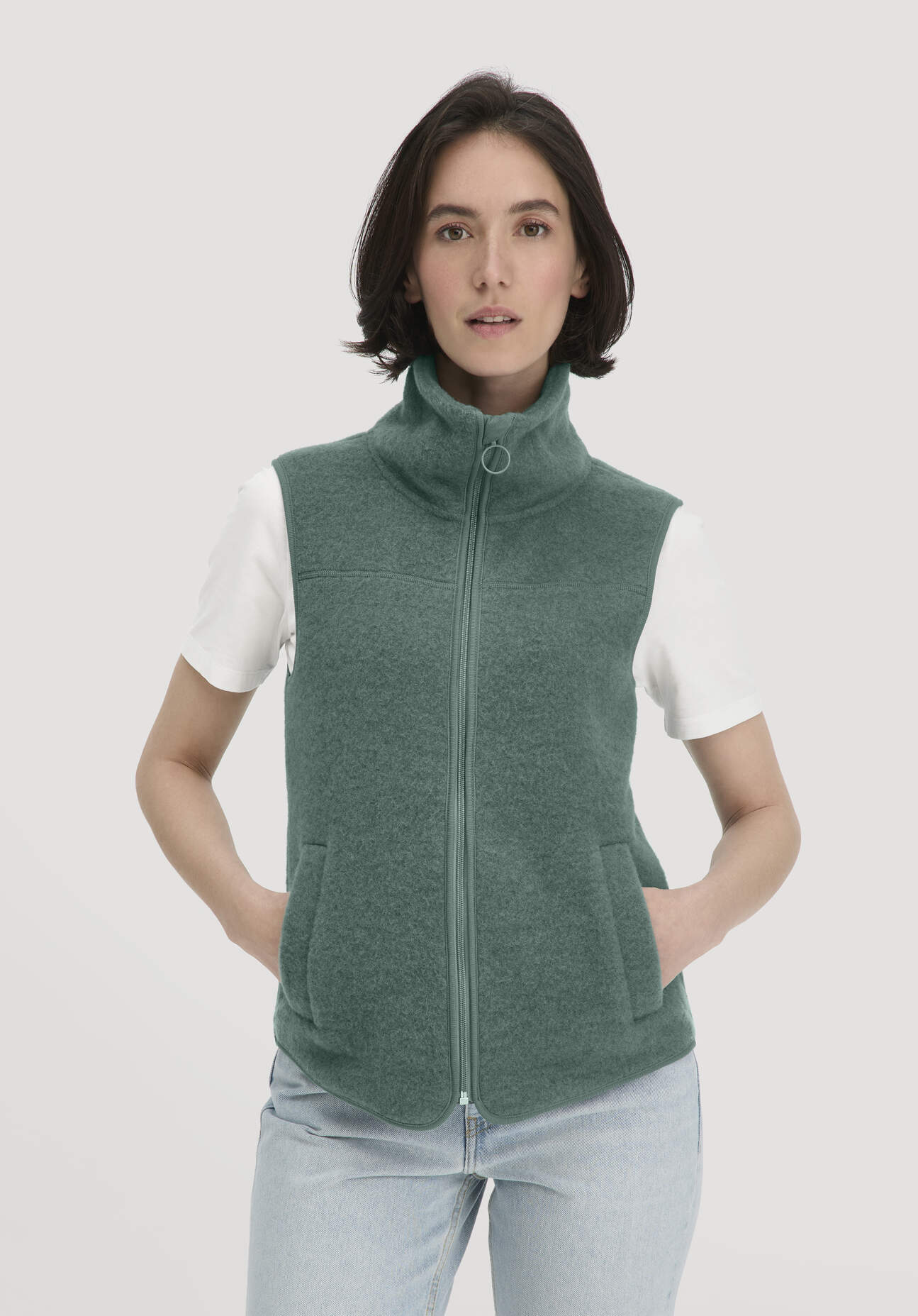 hessnatur Damen Wollfleece Weste Regular aus Merinowolle - grün Größe XXL