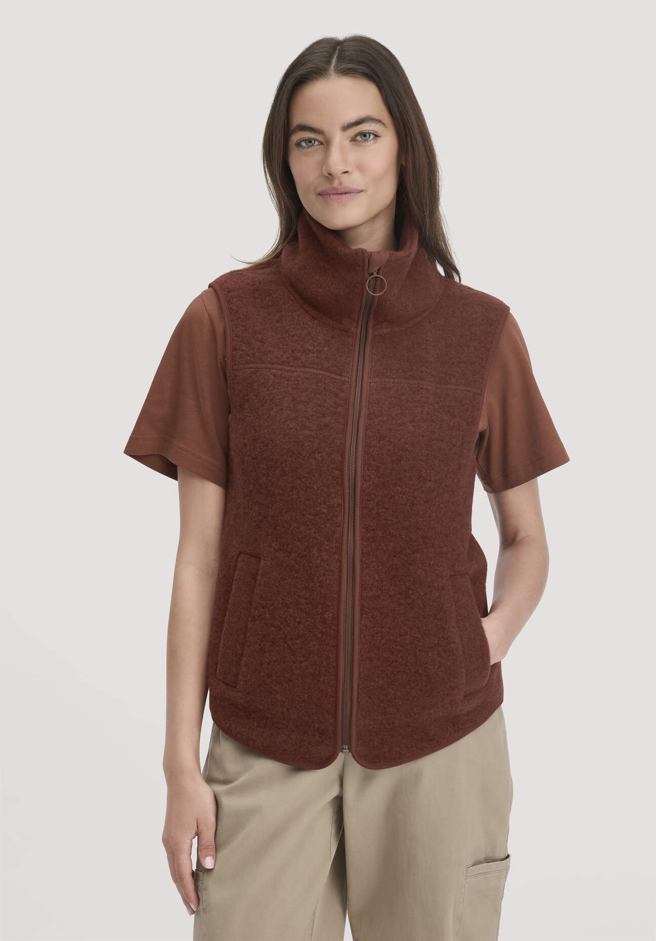 hessnatur Damen Wollfleece Weste Regular aus Merinowolle - braun Größe XXL