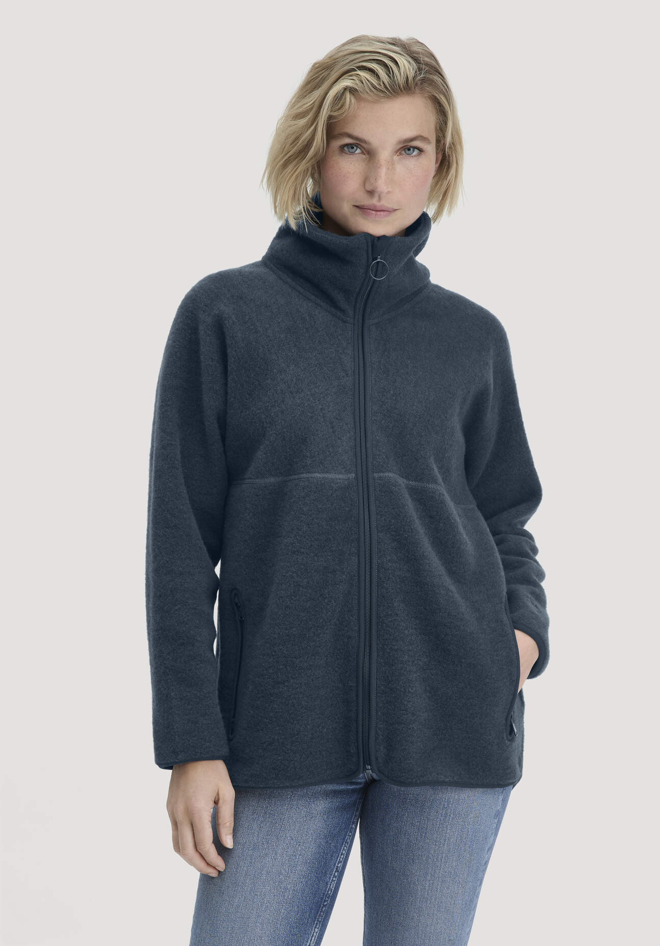 hessnatur Damen Wollfleece Jacke Oversized aus Bio-Merinowolle - blau Größe S