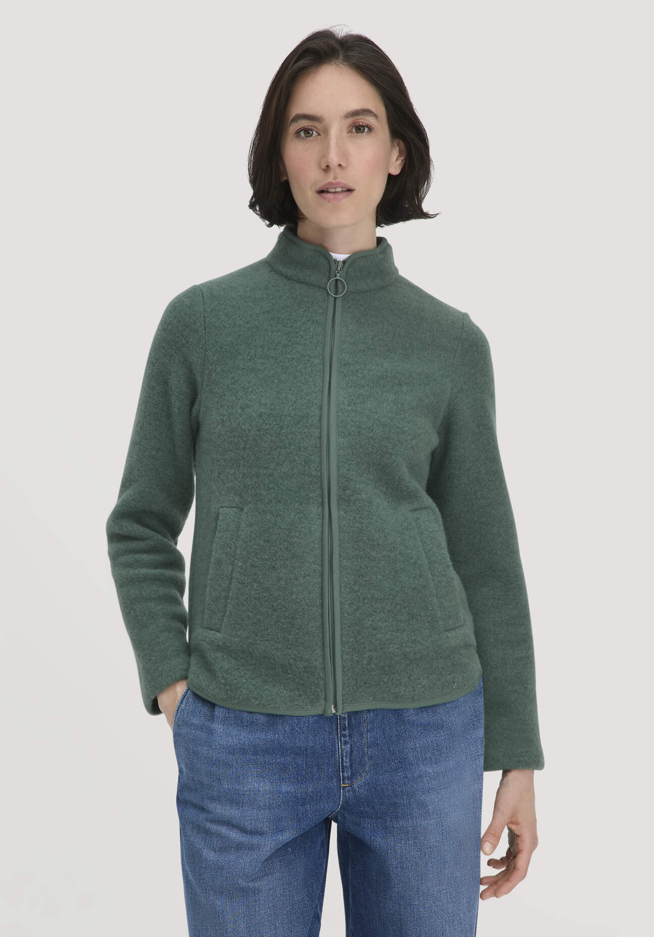 hessnatur Damen Wollfleece Jacke Regular aus Bio-Merinowolle - grün Größe M