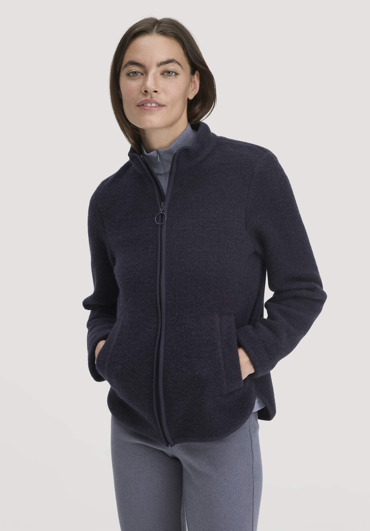 hessnatur Damen Wollfleece Jacke Regular aus Bio-Merinowolle - blau Größe L