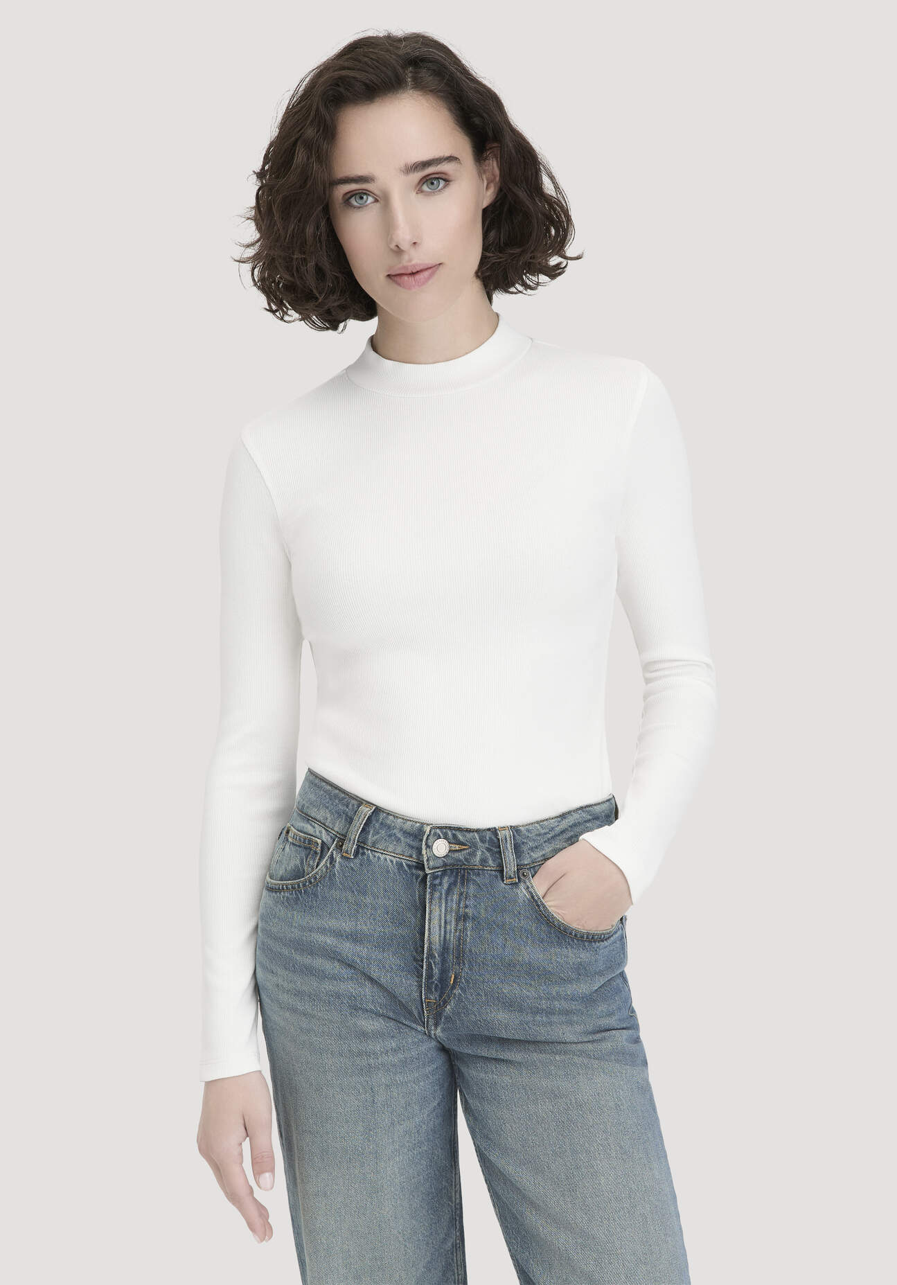 hessnatur Damen Rib Longsleeve Slim aus Bio-Baumwolle - weiß Größe 40