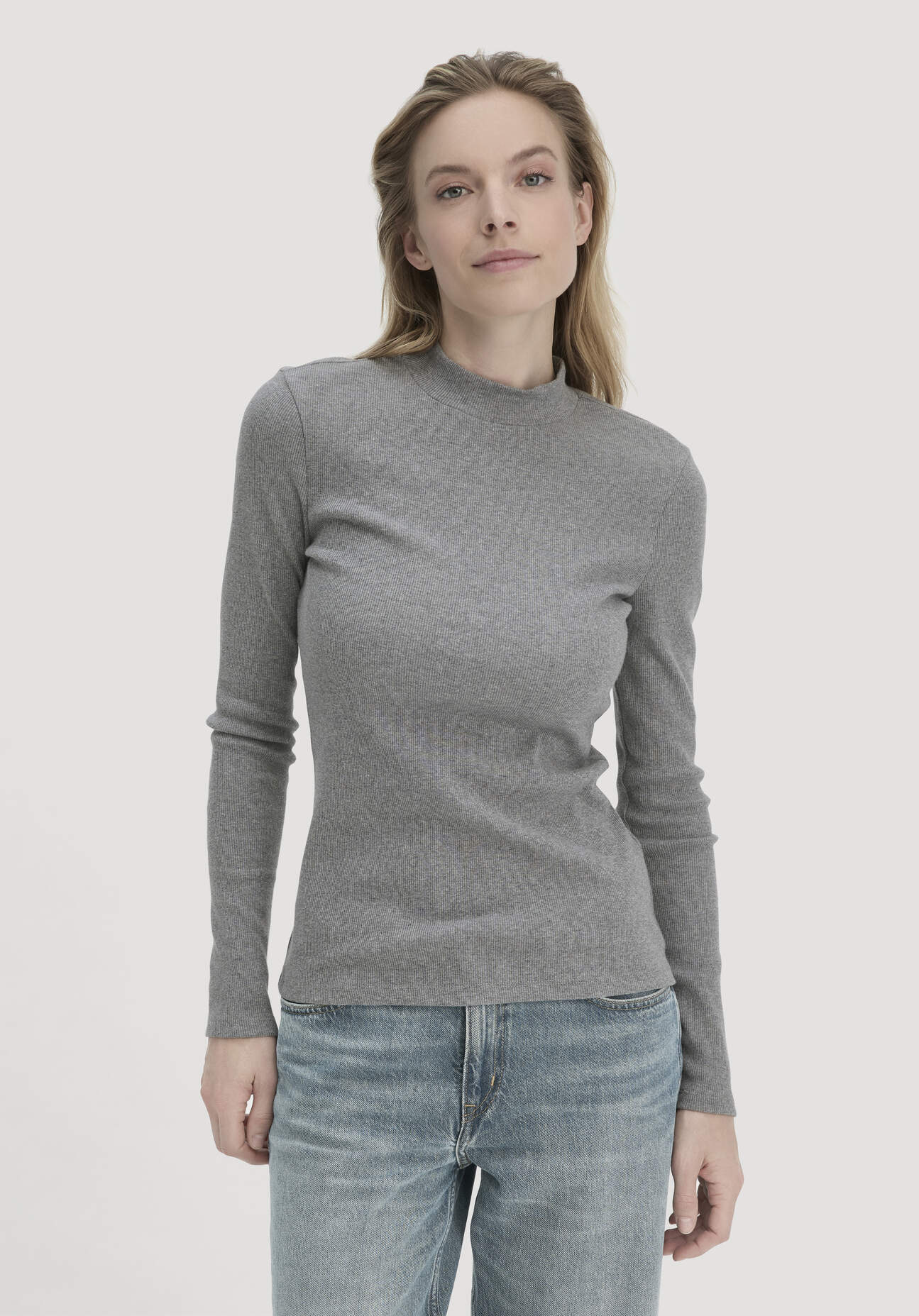 hessnatur Damen Rib Longsleeve Slim aus Bio-Baumwolle - grau Größe 34