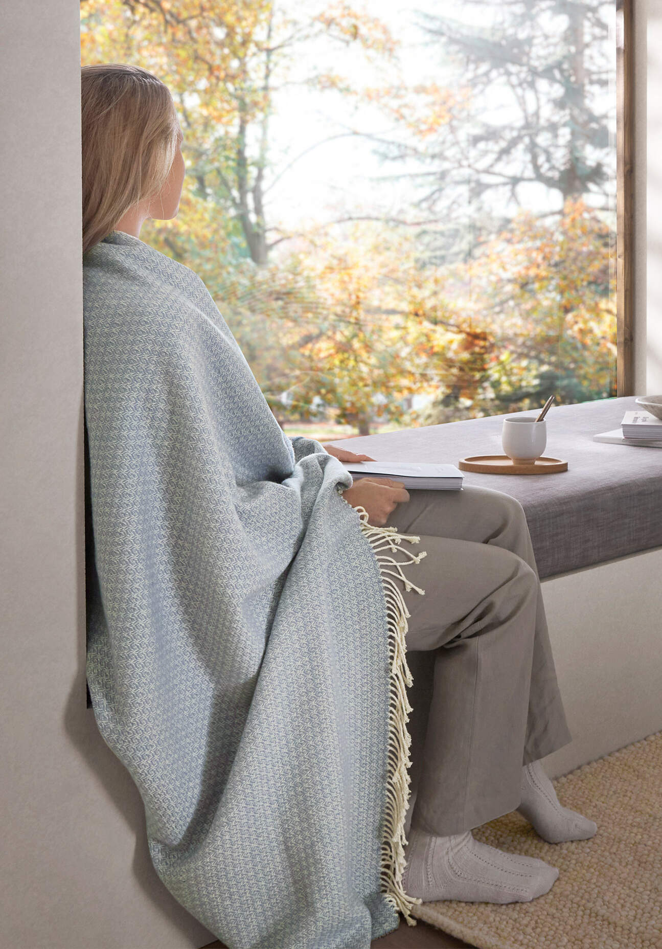 hessnatur Mix Plaid LIA aus Bio-Baumwolle mit Bio-Lambswool - blau Größe 130x180 cm