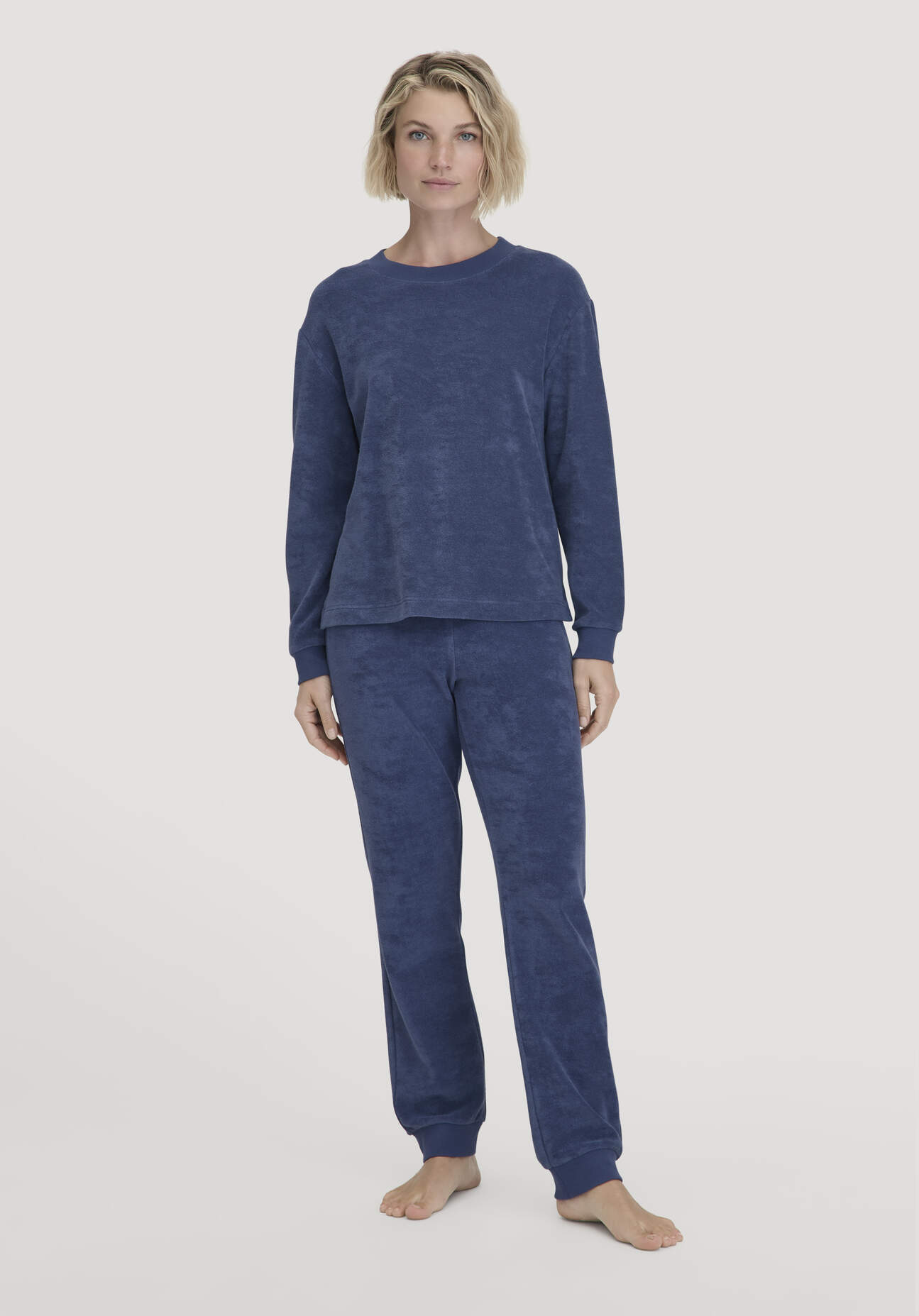 hessnatur Damen Frottee Loungehose PURE COTTON aus Bio-Baumwolle - blau Größe 44