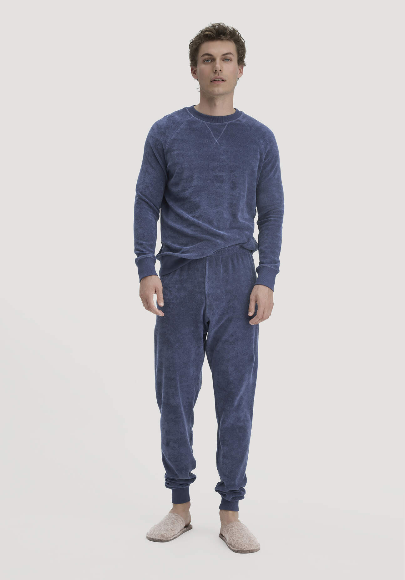 hessnatur Herren Frottee Schlafhose PURE COTTON aus Bio-Baumwolle - blau Größe 54