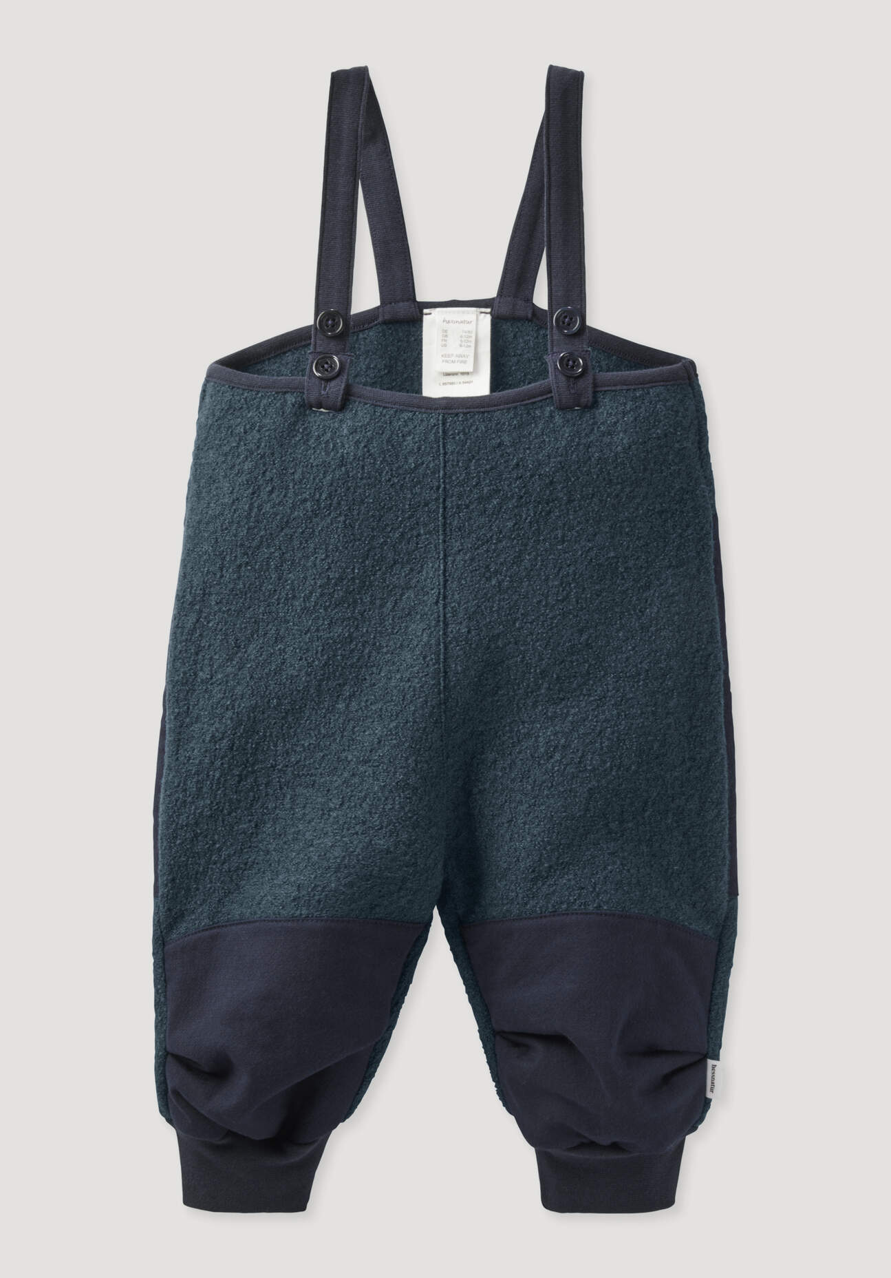 hessnatur Baby Wollwalk Latzhose aus Bio-Merinowolle mit Nature Shell - blau Größe 98/104
