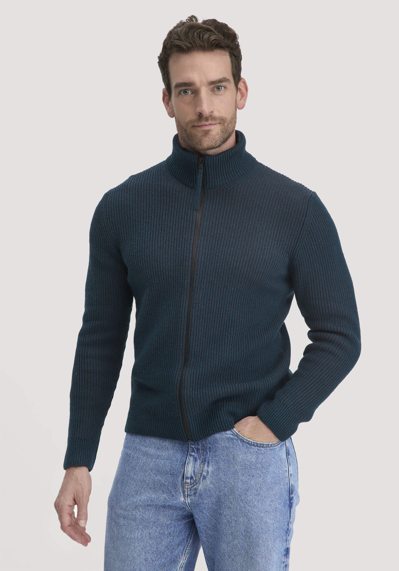 hessnatur Herren Strick Jacke Regular aus Bio-Baumwolle mit Bio-Merinowolle - blau Größe XL