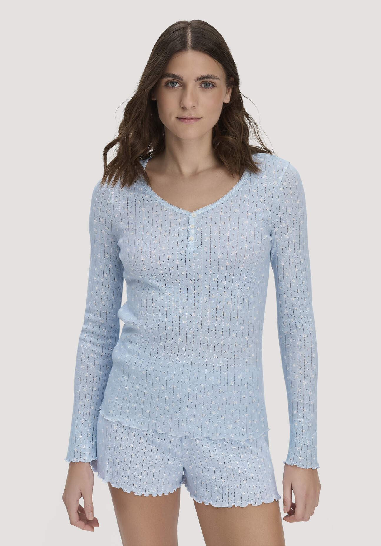 hessnatur Damen Pointelle Henley Schlafshirt PURE COTTON aus Bio-Baumwolle - blau Größe 40