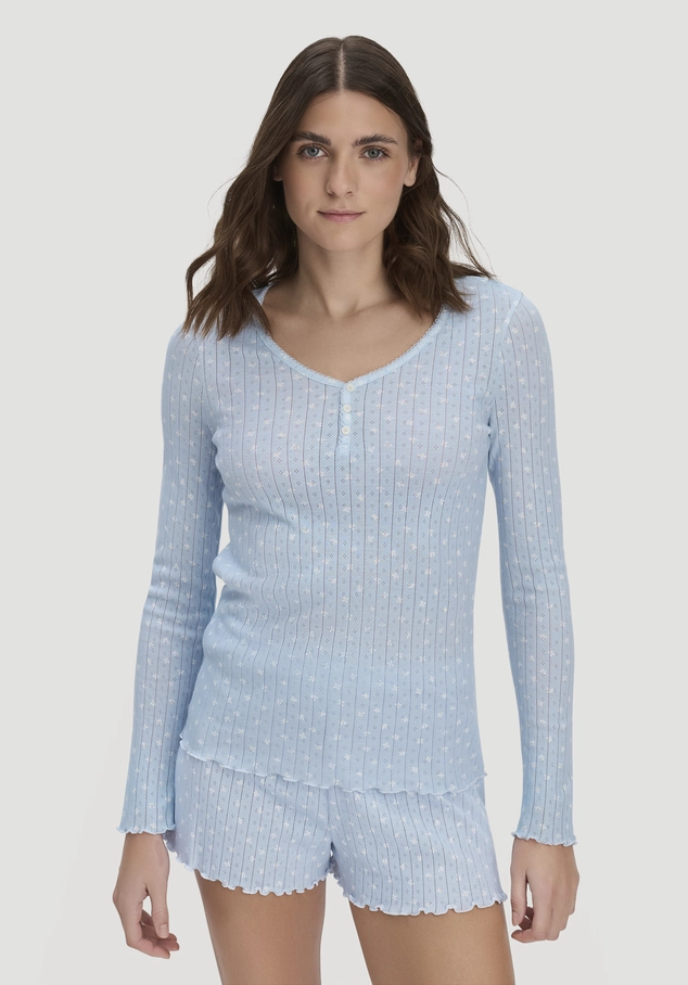 Pointelle Henley Schlafshirt PURE COTTON aus reiner Bio-Baumwolle