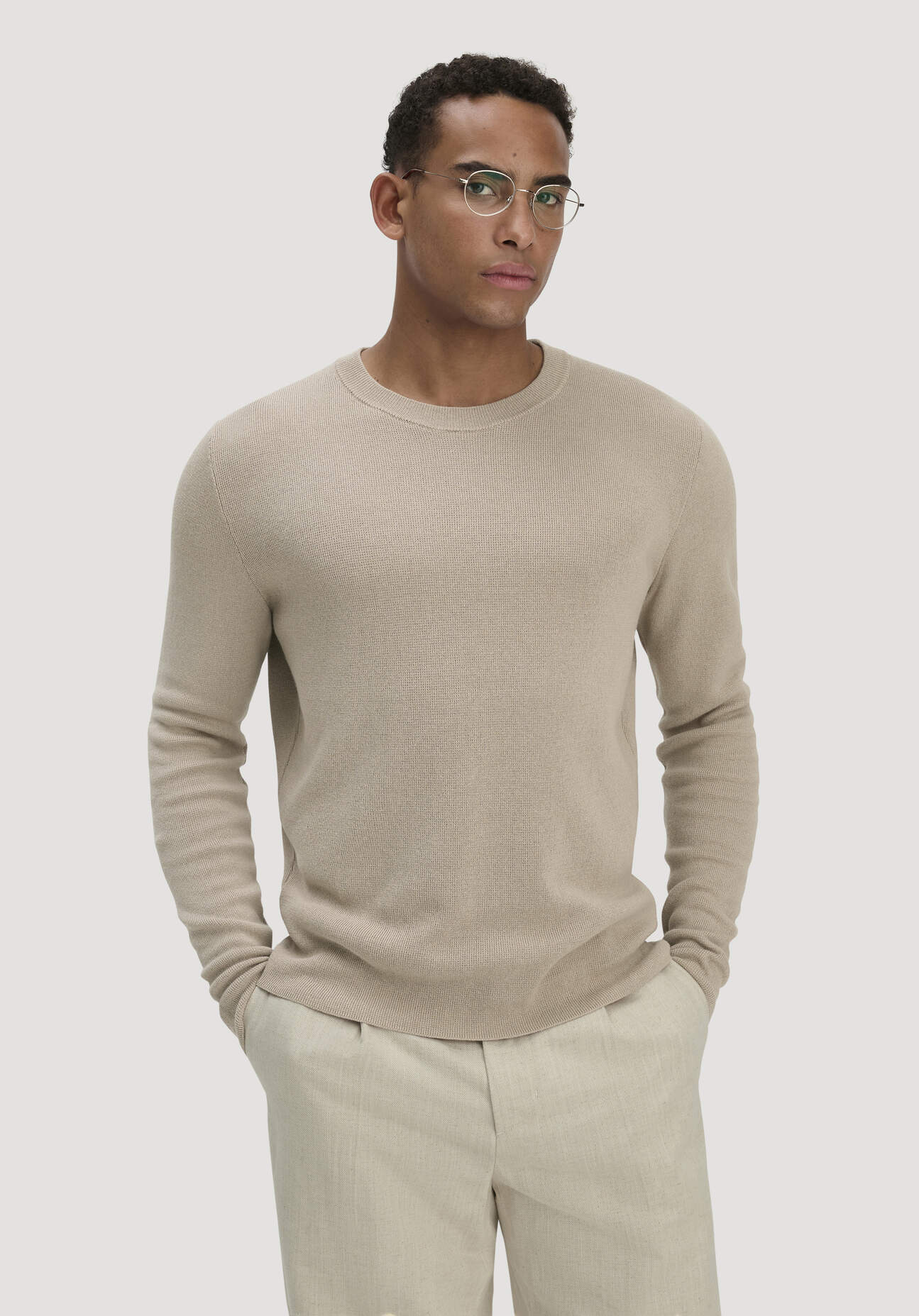 hessnatur Herren Milano Strick Pullover Regular aus Leinen mit Bio-Baumwolle und LENZING™ ECOVERO™ Viskose - beige GrösseM