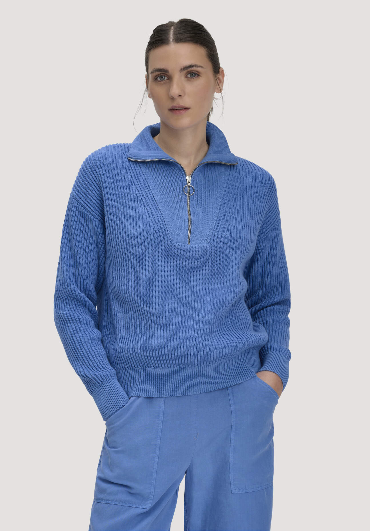 hessnatur Damen Strick Troyer Relaxed aus Bio-Baumwolle - blau GrösseM