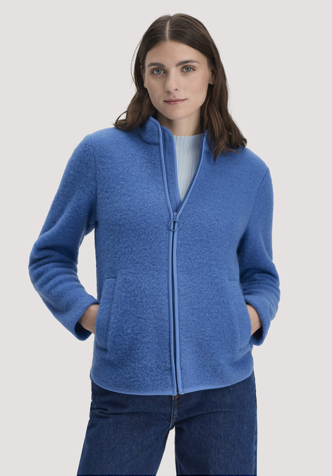 hessnatur Damen Wollfleece Jacke Regular aus Bio-Merinowolle - blau Größe XS